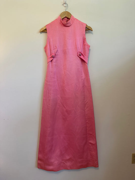 Vintage 70s Pink Ribbed Mock Neck Rhinestone Button Column Gown