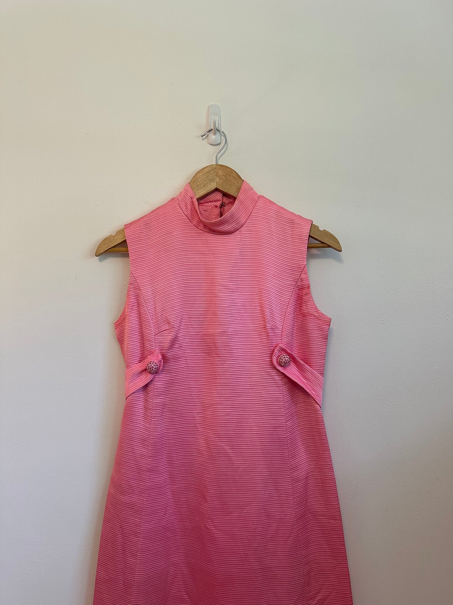 Vintage 70s Pink Ribbed Mock Neck Rhinestone Button Column Gown
