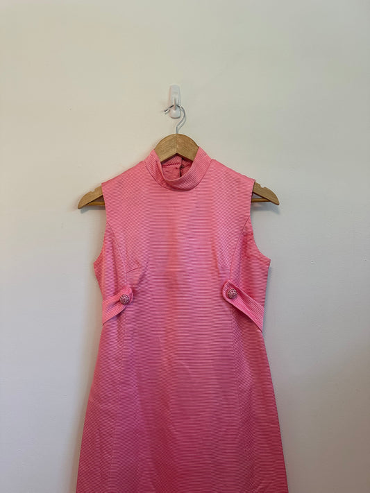 Vintage 70s Pink Ribbed Mock Neck Rhinestone Button Column Gown