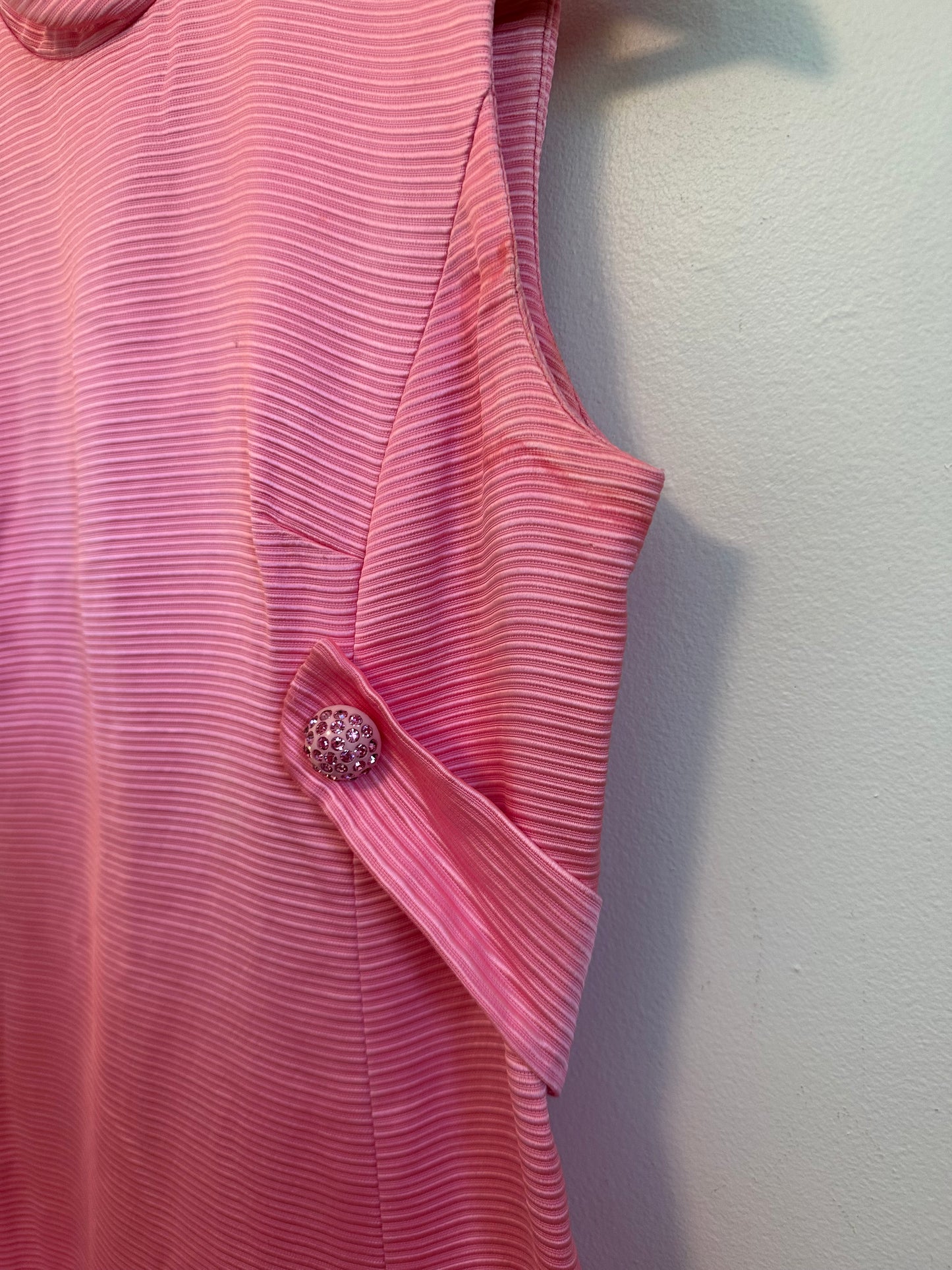 Vintage 70s Pink Ribbed Mock Neck Rhinestone Button Column Gown