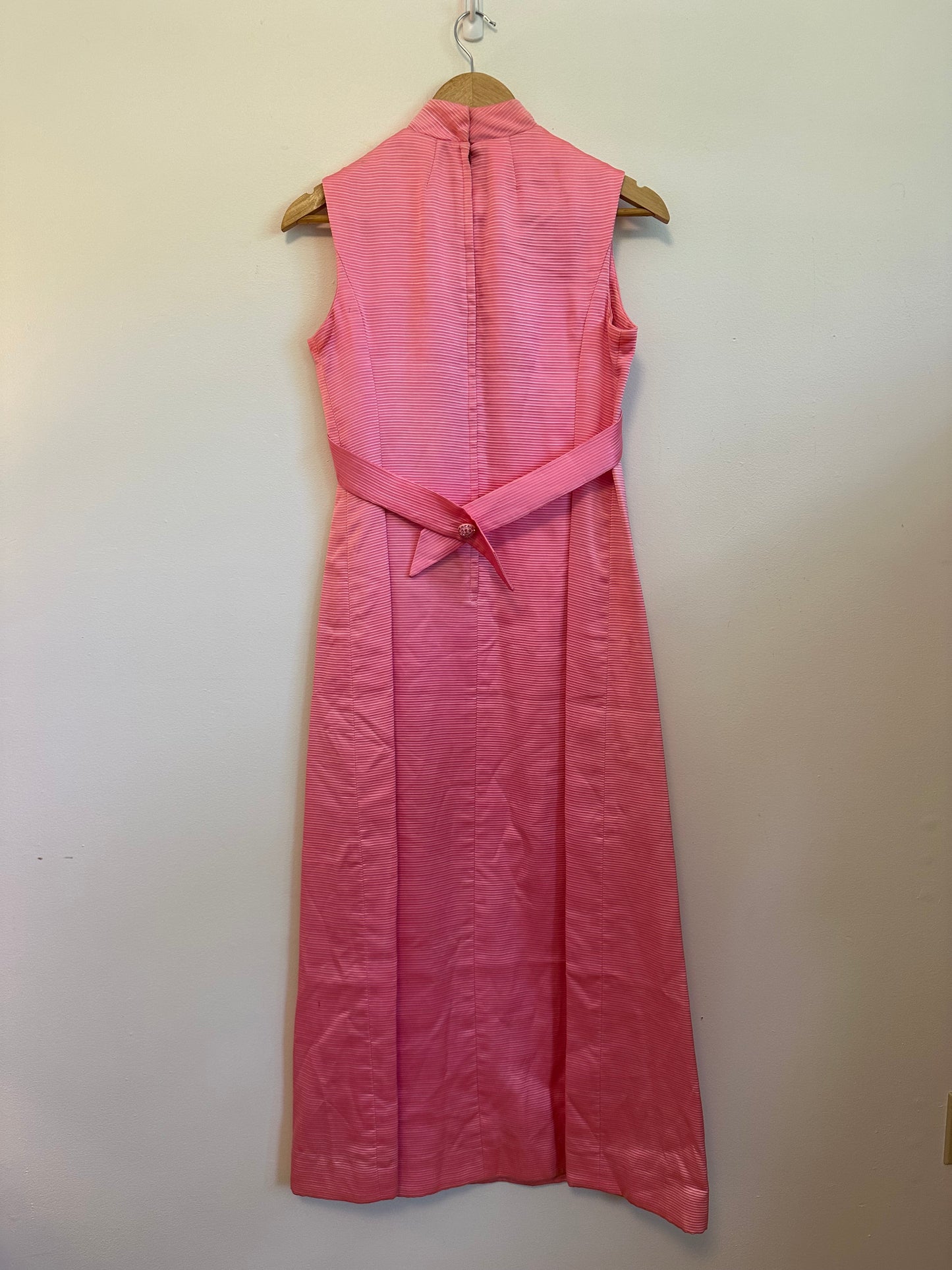 Vintage 70s Pink Ribbed Mock Neck Rhinestone Button Column Gown