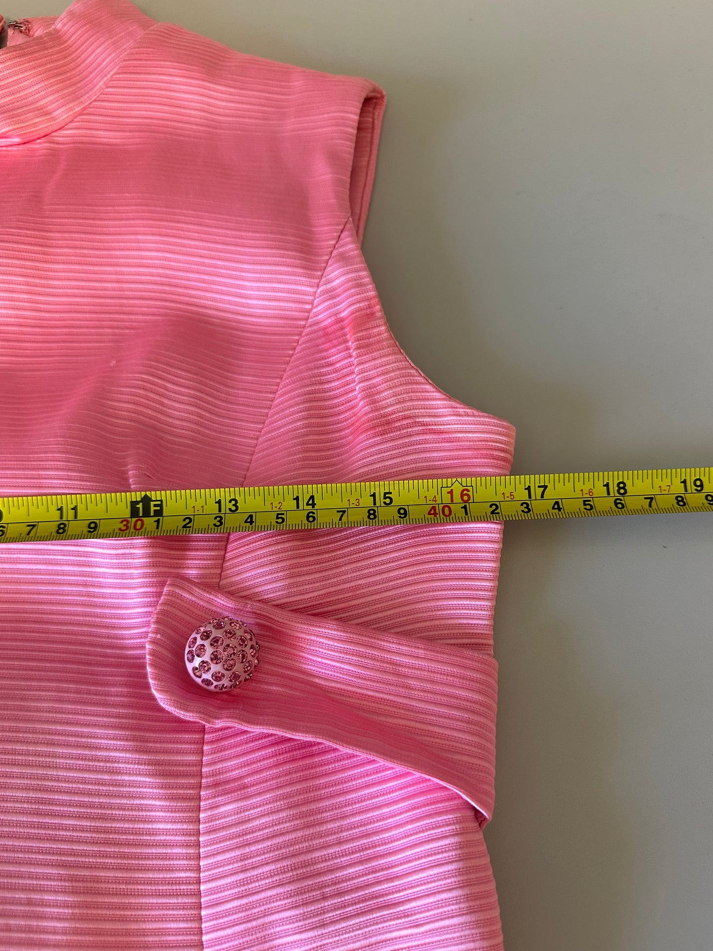 Vintage 70s Pink Ribbed Mock Neck Rhinestone Button Column Gown