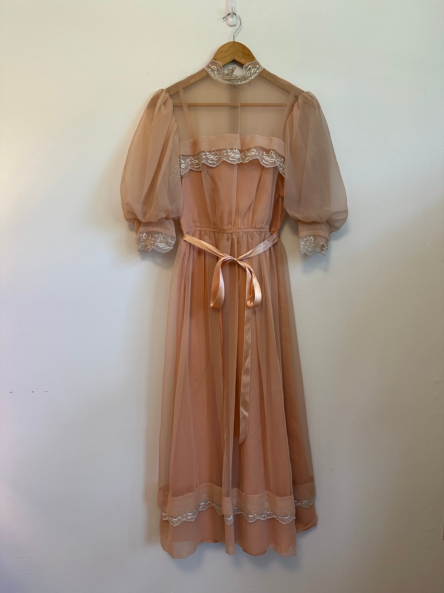 Vintage 70s Handmade Peach Chiffon Lace Puff Sleeve Dress
