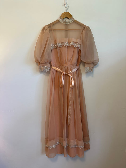 Vintage 70s Handmade Peach Chiffon Lace Puff Sleeve Dress