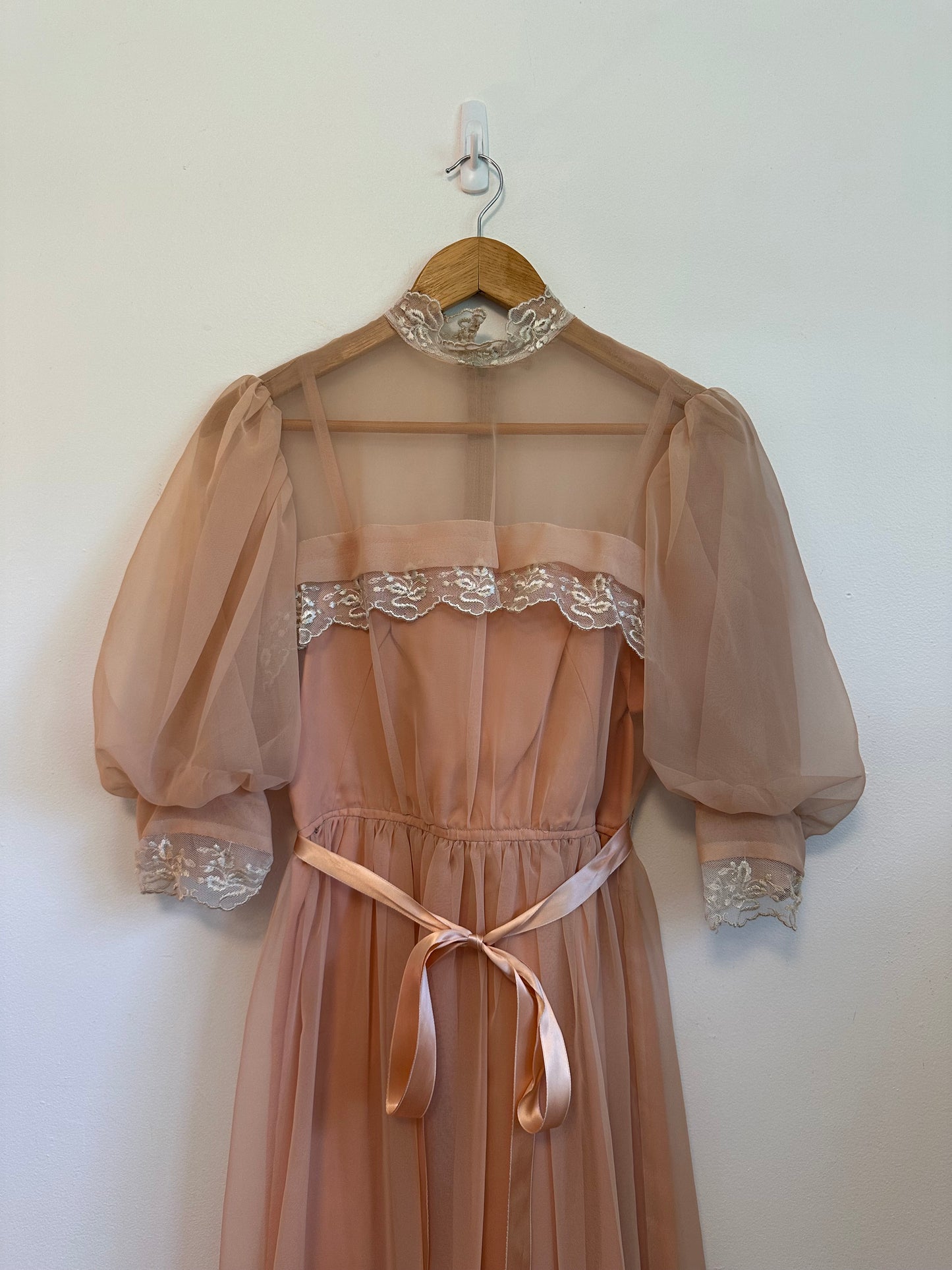 Vintage 70s Handmade Peach Chiffon Lace Puff Sleeve Dress