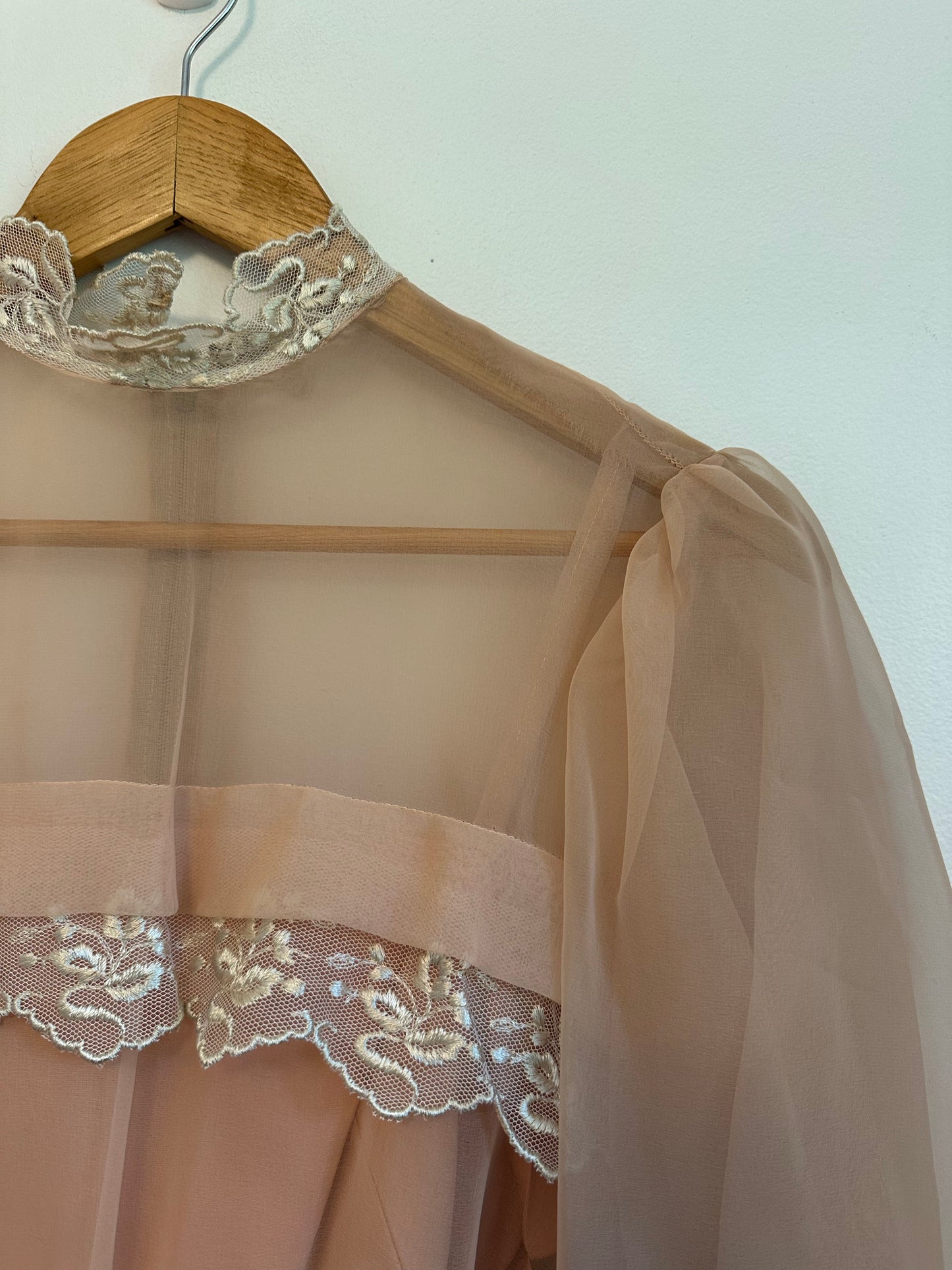 Vintage 70s Handmade Peach Chiffon Lace Puff Sleeve Dress