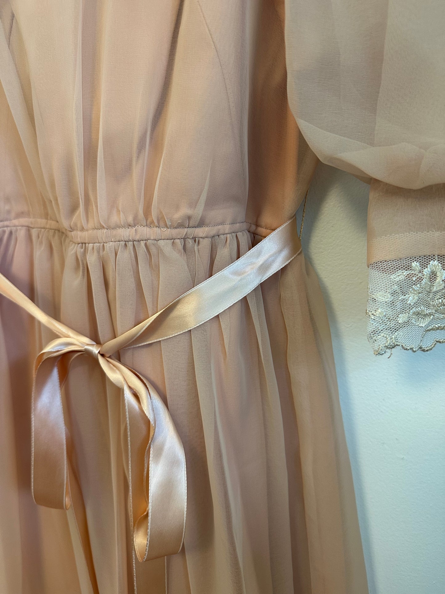 Vintage 70s Handmade Peach Chiffon Lace Puff Sleeve Dress
