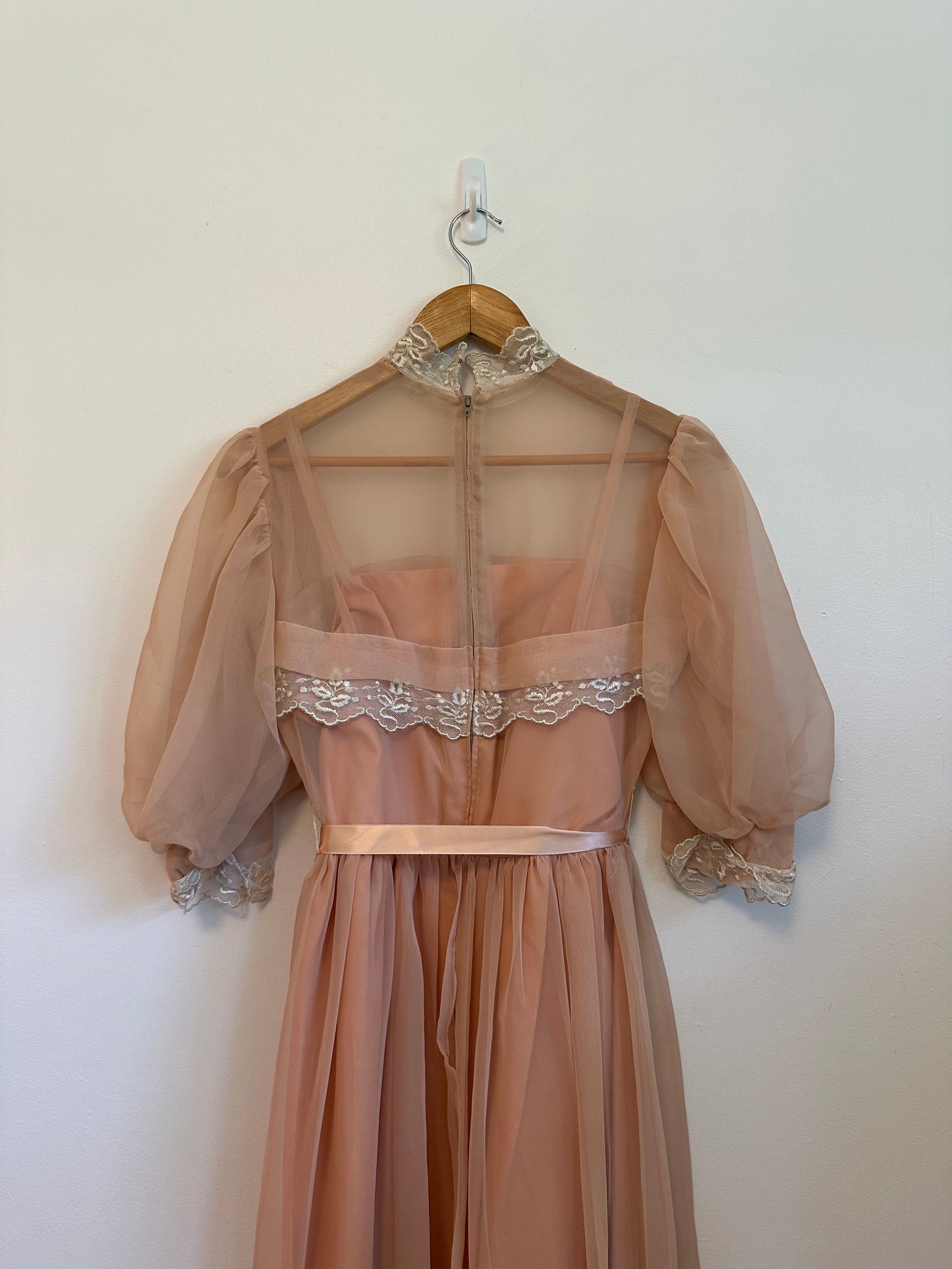 Vintage 70s Handmade Peach Chiffon Lace Puff Sleeve Dress