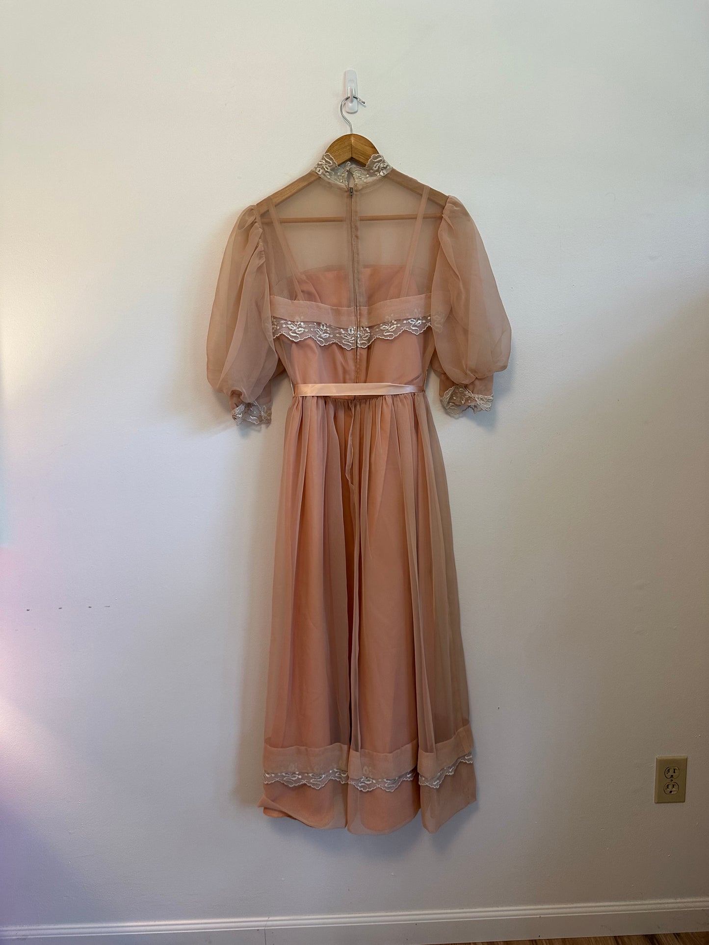 Vintage 70s Handmade Peach Chiffon Lace Puff Sleeve Dress