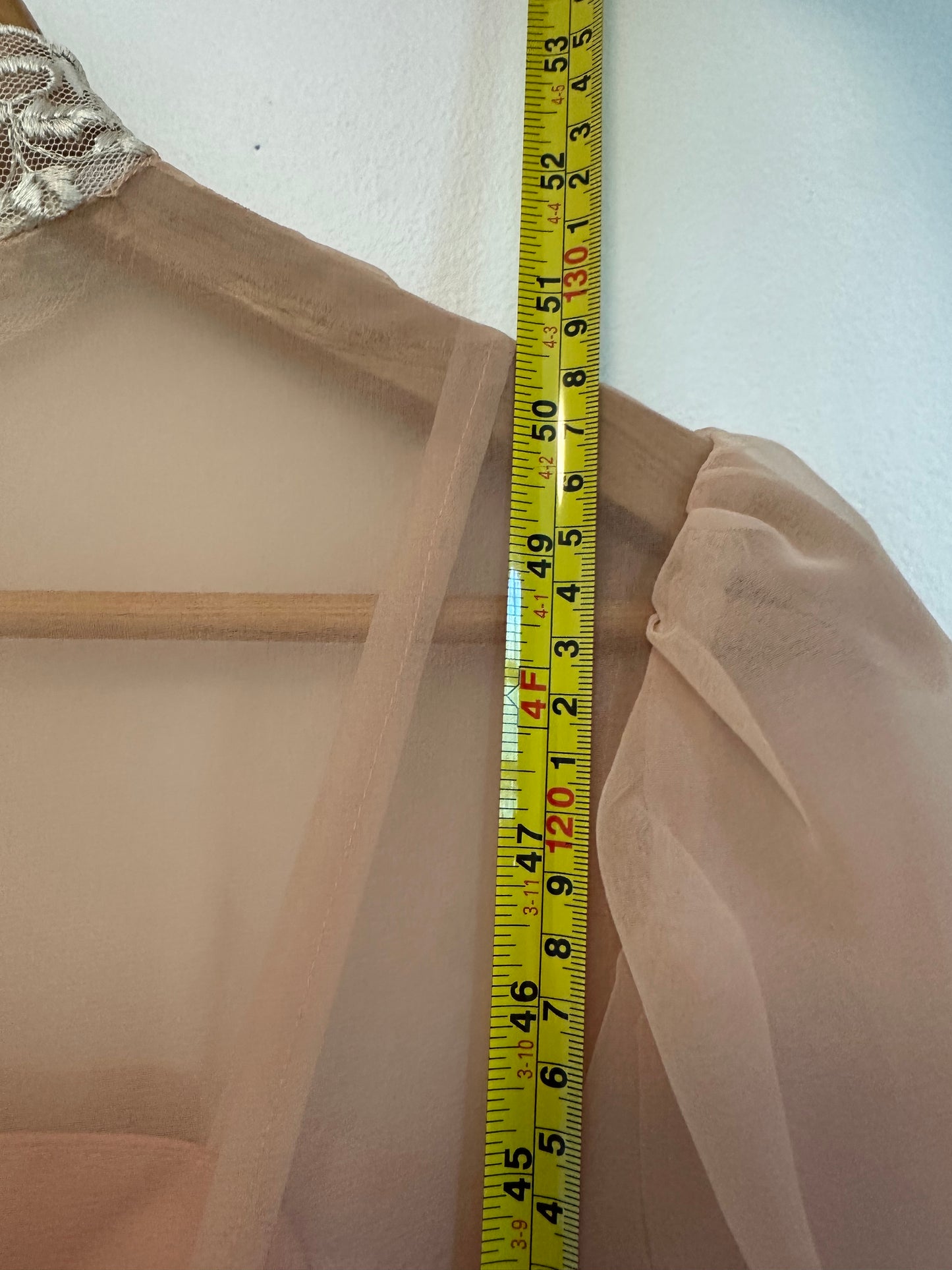 Vintage 70s Handmade Peach Chiffon Lace Puff Sleeve Dress