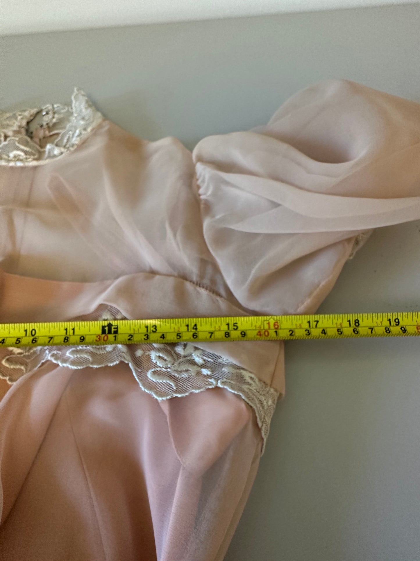 Vintage 70s Handmade Peach Chiffon Lace Puff Sleeve Dress