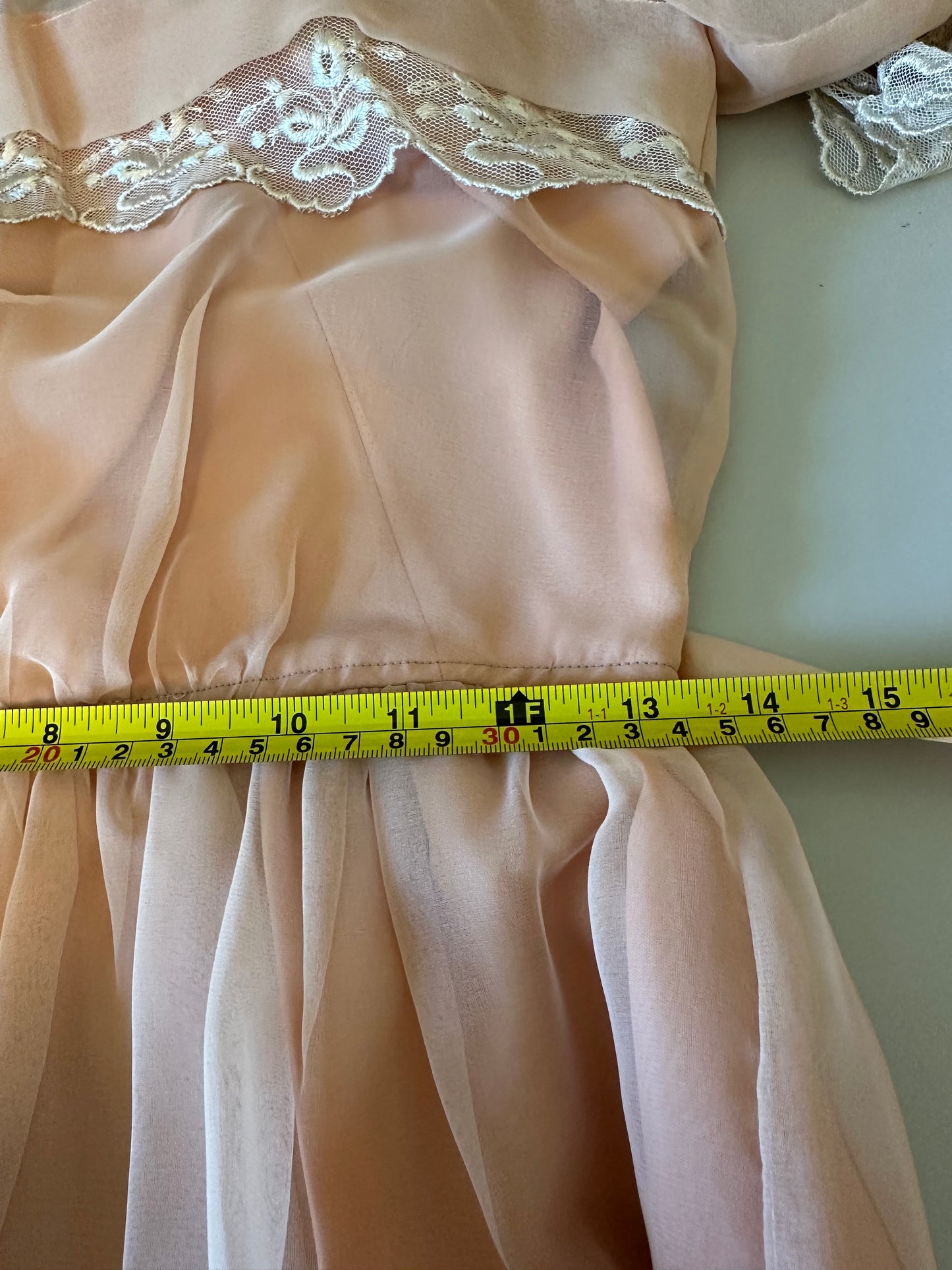 Vintage 70s Handmade Peach Chiffon Lace Puff Sleeve Dress