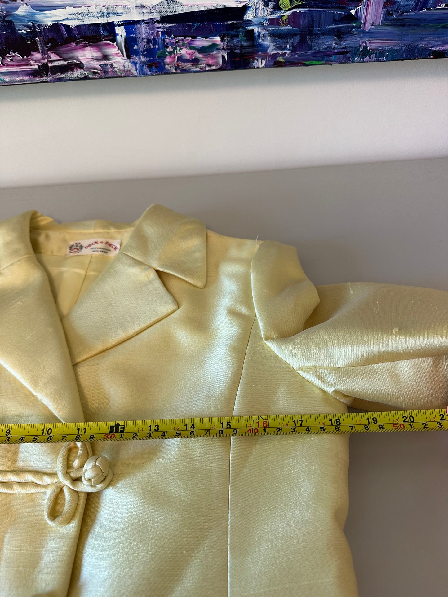 Vintage Peck & Peck Fifth Avenue Butter Yellow Silk Frog Closure Jacket
