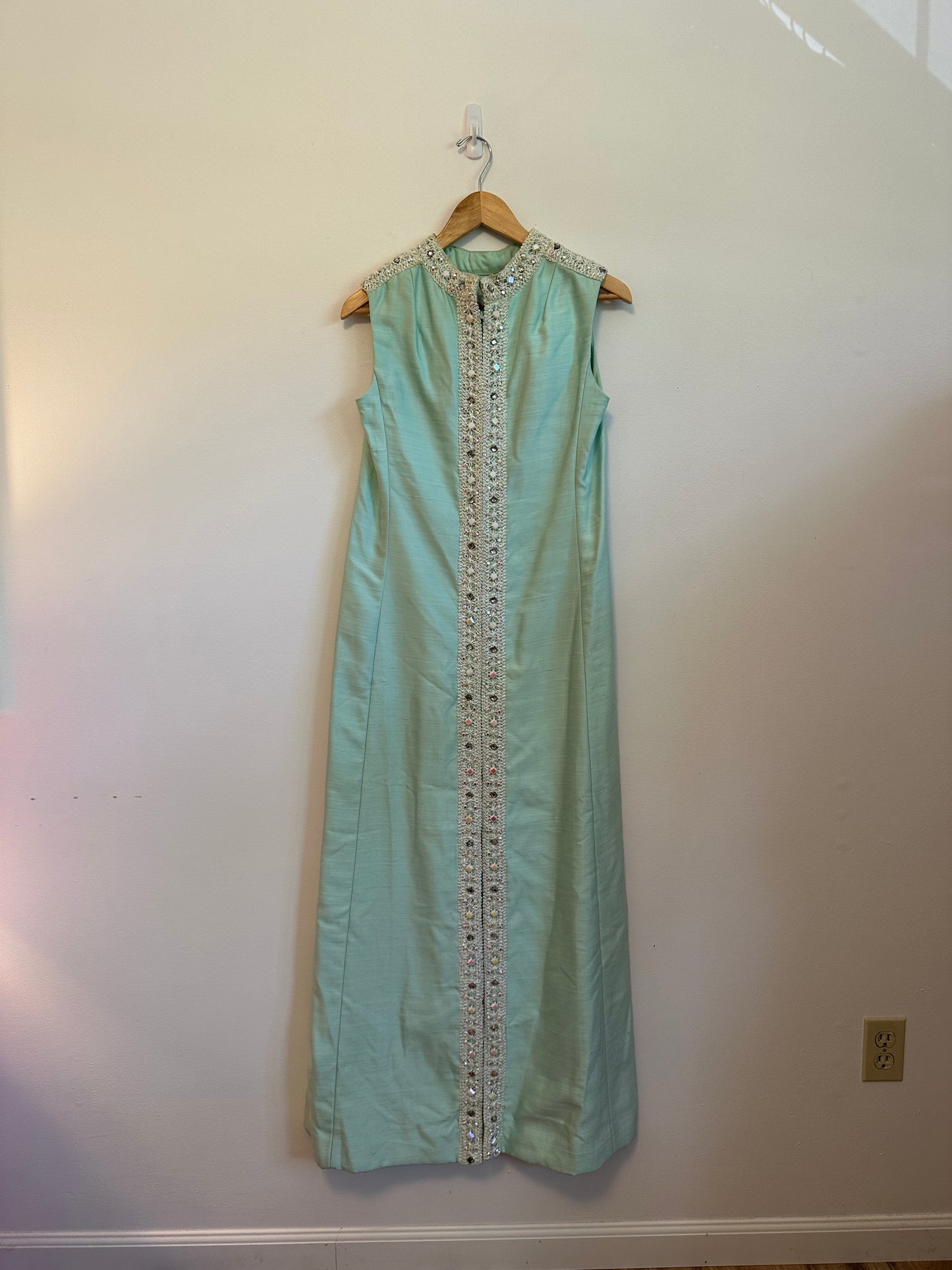 Vintage 1970s Handmade Mint Green Beaded Sleeveless Maxi Dress