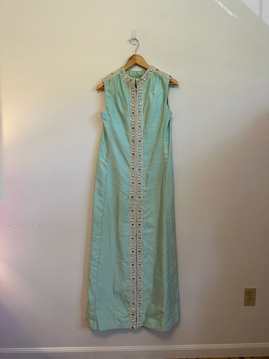 Vintage 1970s Handmade Mint Green Beaded Sleeveless Maxi Dress