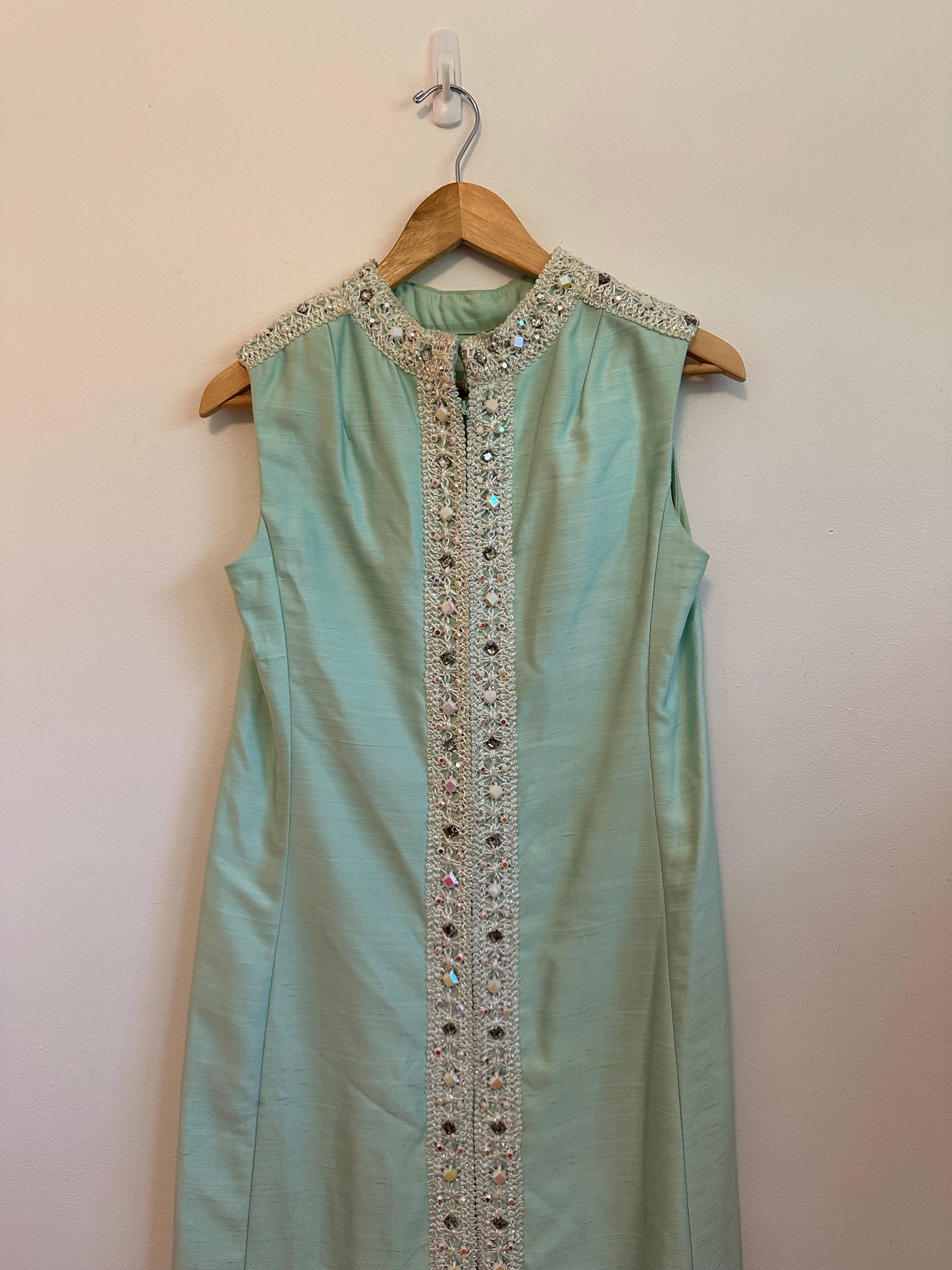 Vintage 1970s Handmade Mint Green Beaded Sleeveless Maxi Dress