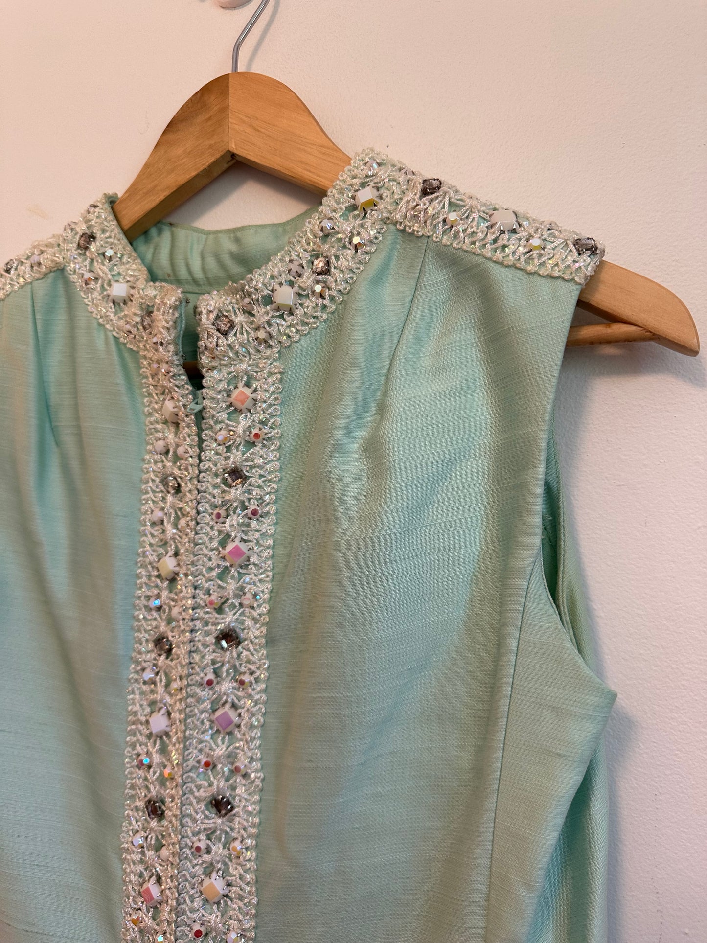 Vintage 1970s Handmade Mint Green Beaded Sleeveless Maxi Dress
