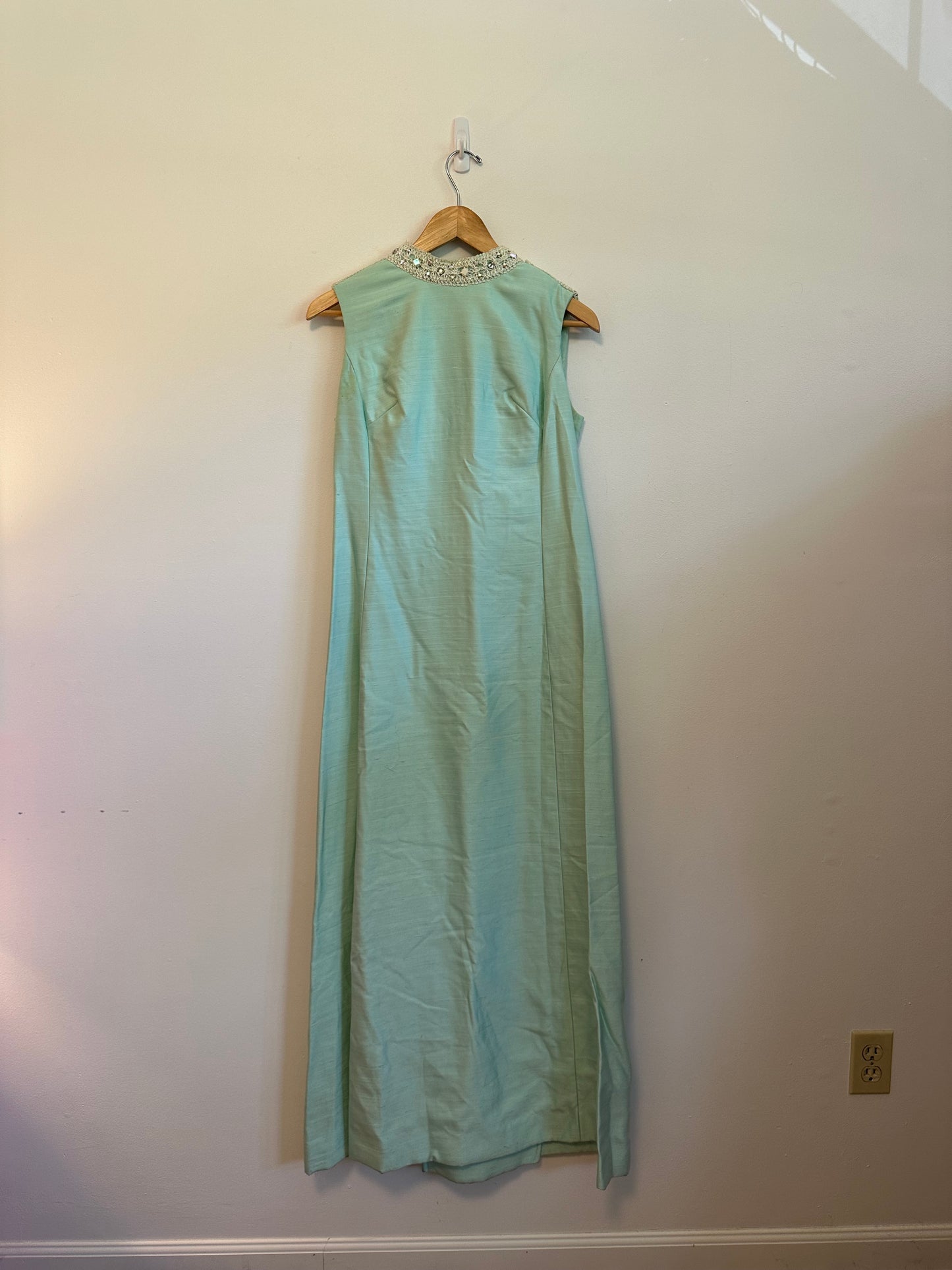 Vintage 1970s Handmade Mint Green Beaded Sleeveless Maxi Dress