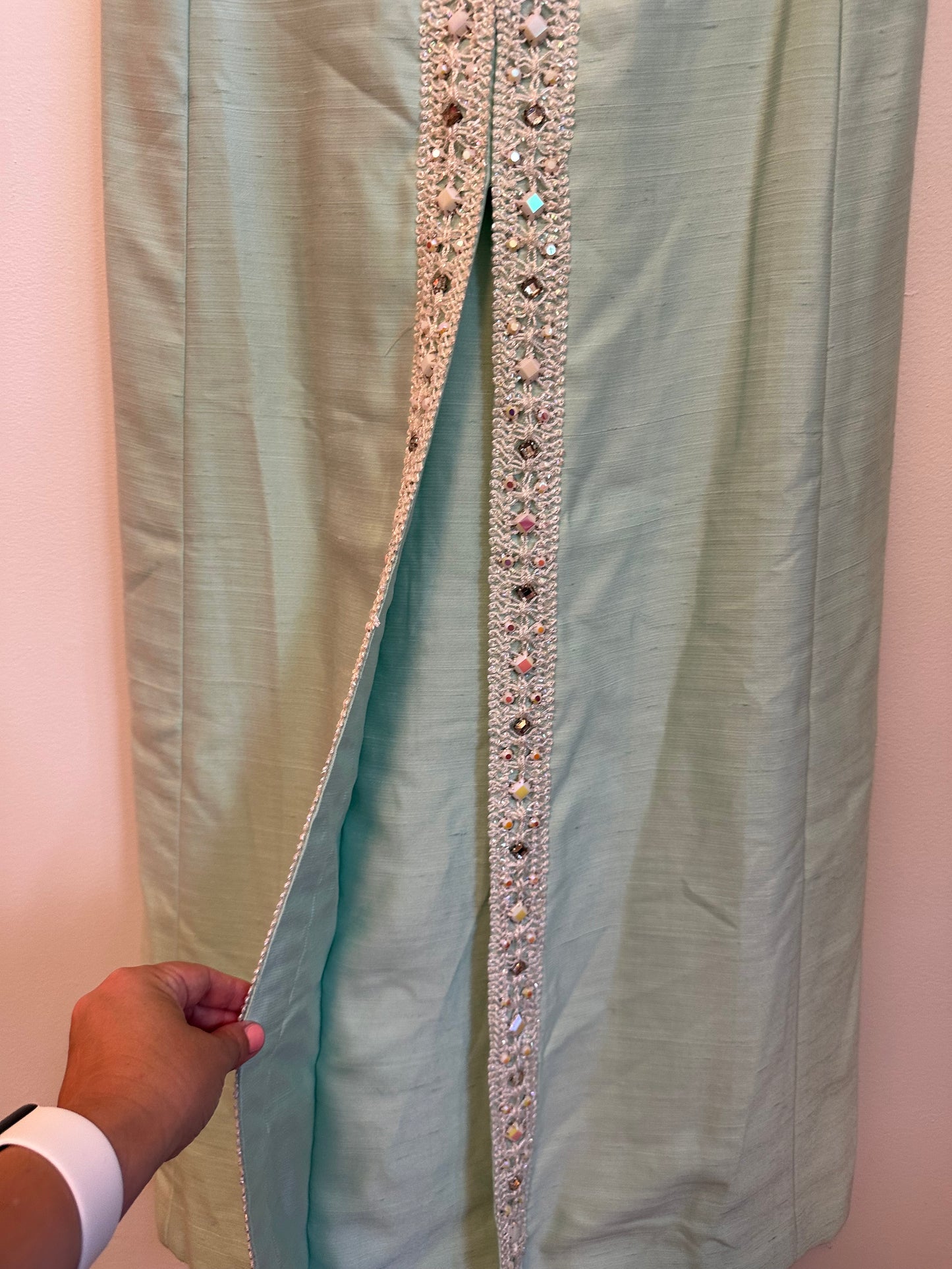 Vintage 1970s Handmade Mint Green Beaded Sleeveless Maxi Dress