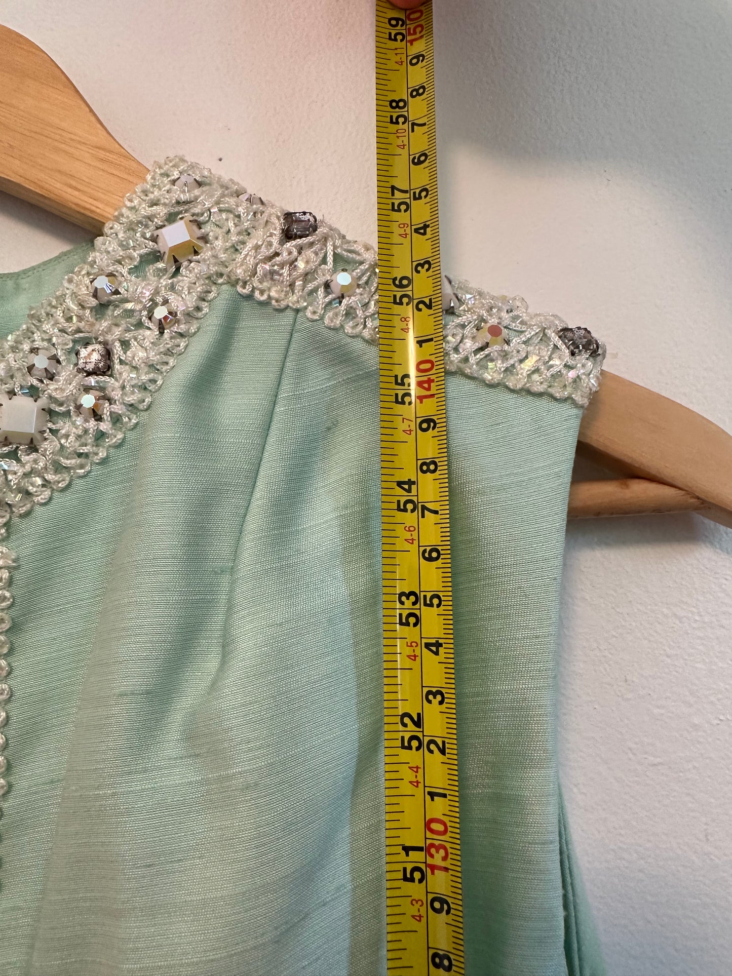 Vintage 1970s Handmade Mint Green Beaded Sleeveless Maxi Dress
