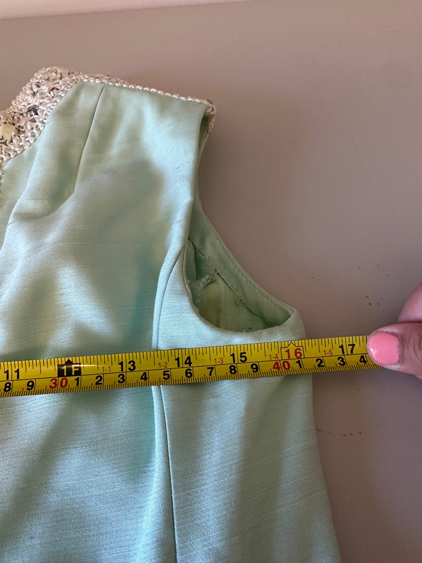 Vintage 1970s Handmade Mint Green Beaded Sleeveless Maxi Dress