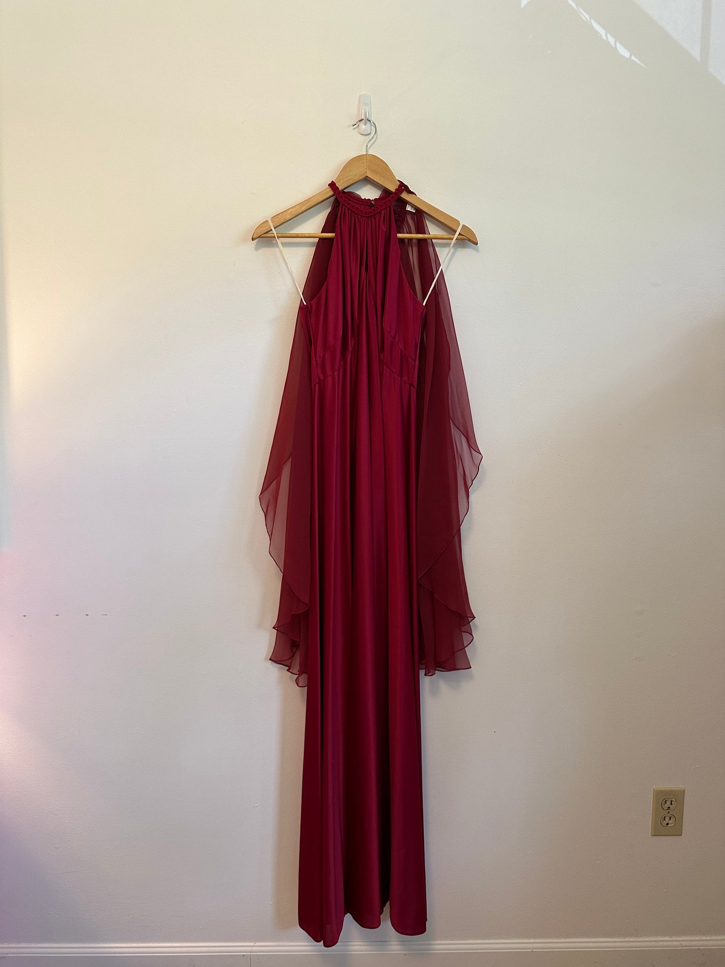 Vintage Berry Red Halter Dress with Sheer Cape Overlay | Size 10