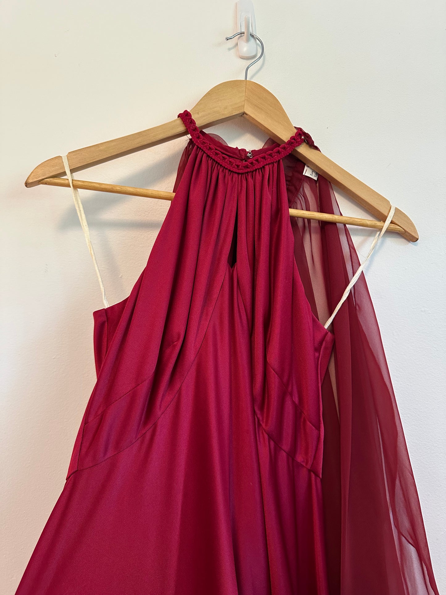 Vintage Berry Red Halter Dress with Sheer Cape Overlay | Size 10