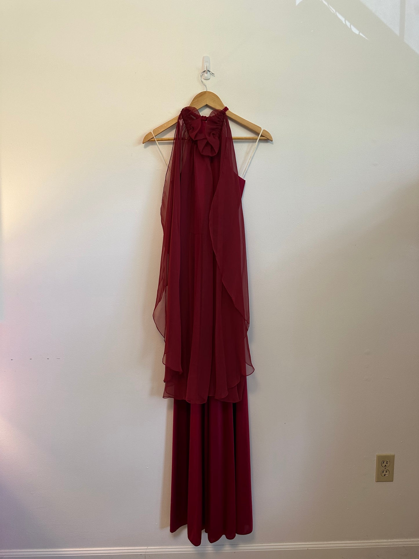 Vintage Berry Red Halter Dress with Sheer Cape Overlay | Size 10