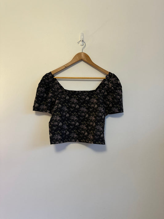 Madewell NWT Gemma Black Floral Smocked Back Crop Top | Size Small