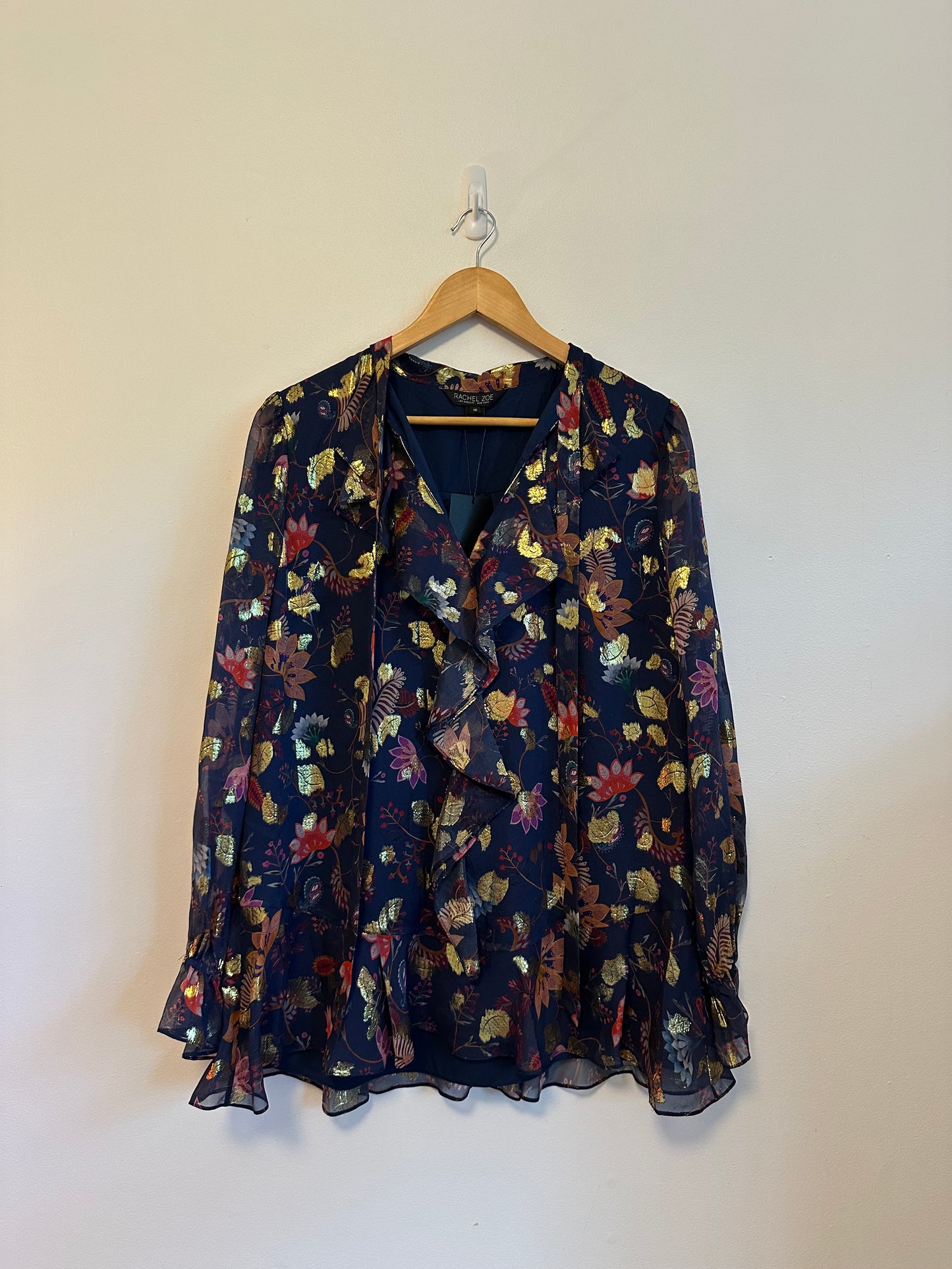 NWT Rachel Zoe Navy Blue Gold Metallic Silk Floral Blouse | Size 10