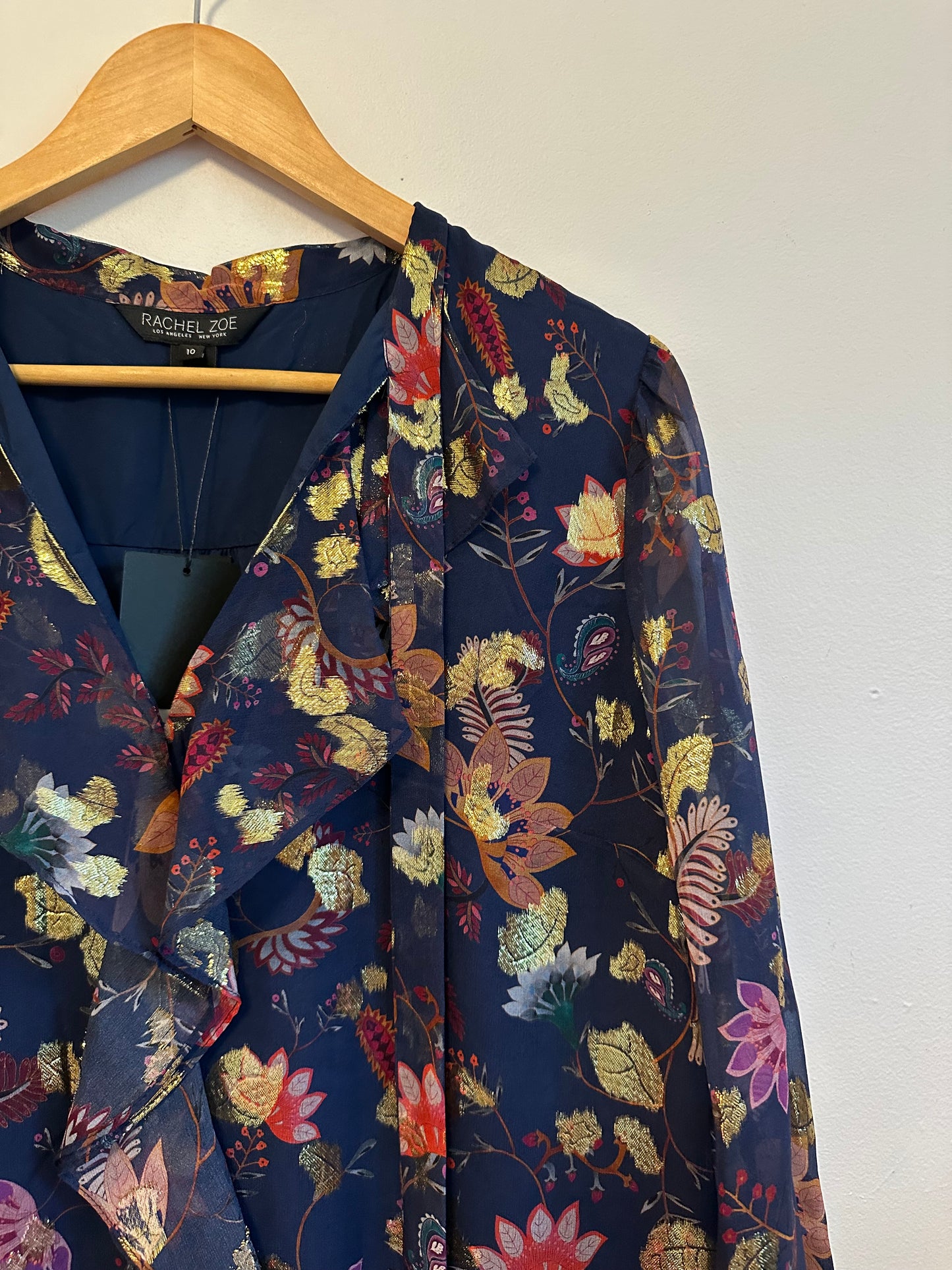 NWT Rachel Zoe Navy Blue Gold Metallic Silk Floral Blouse | Size 10