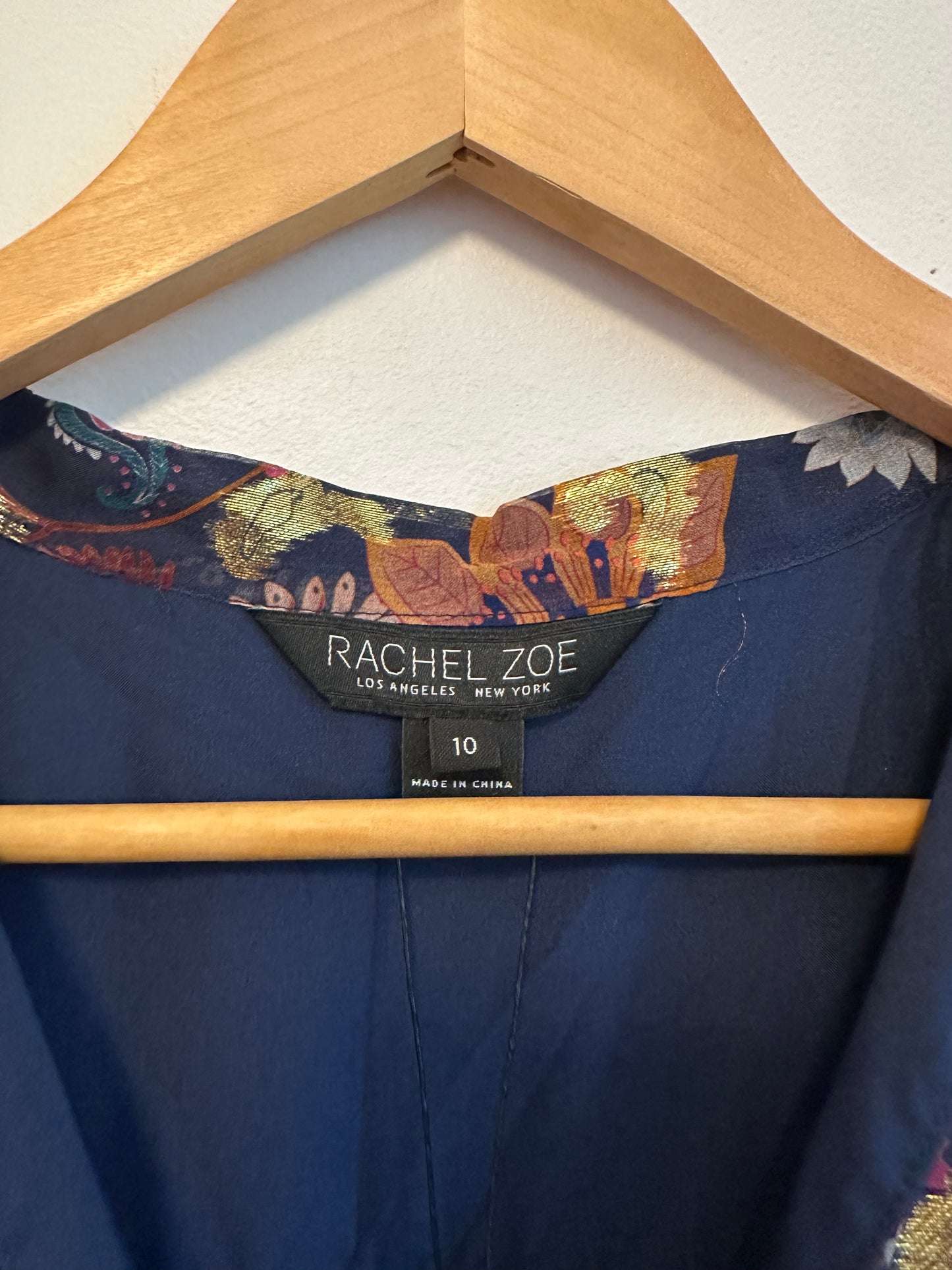 NWT Rachel Zoe Navy Blue Gold Metallic Silk Floral Blouse | Size 10