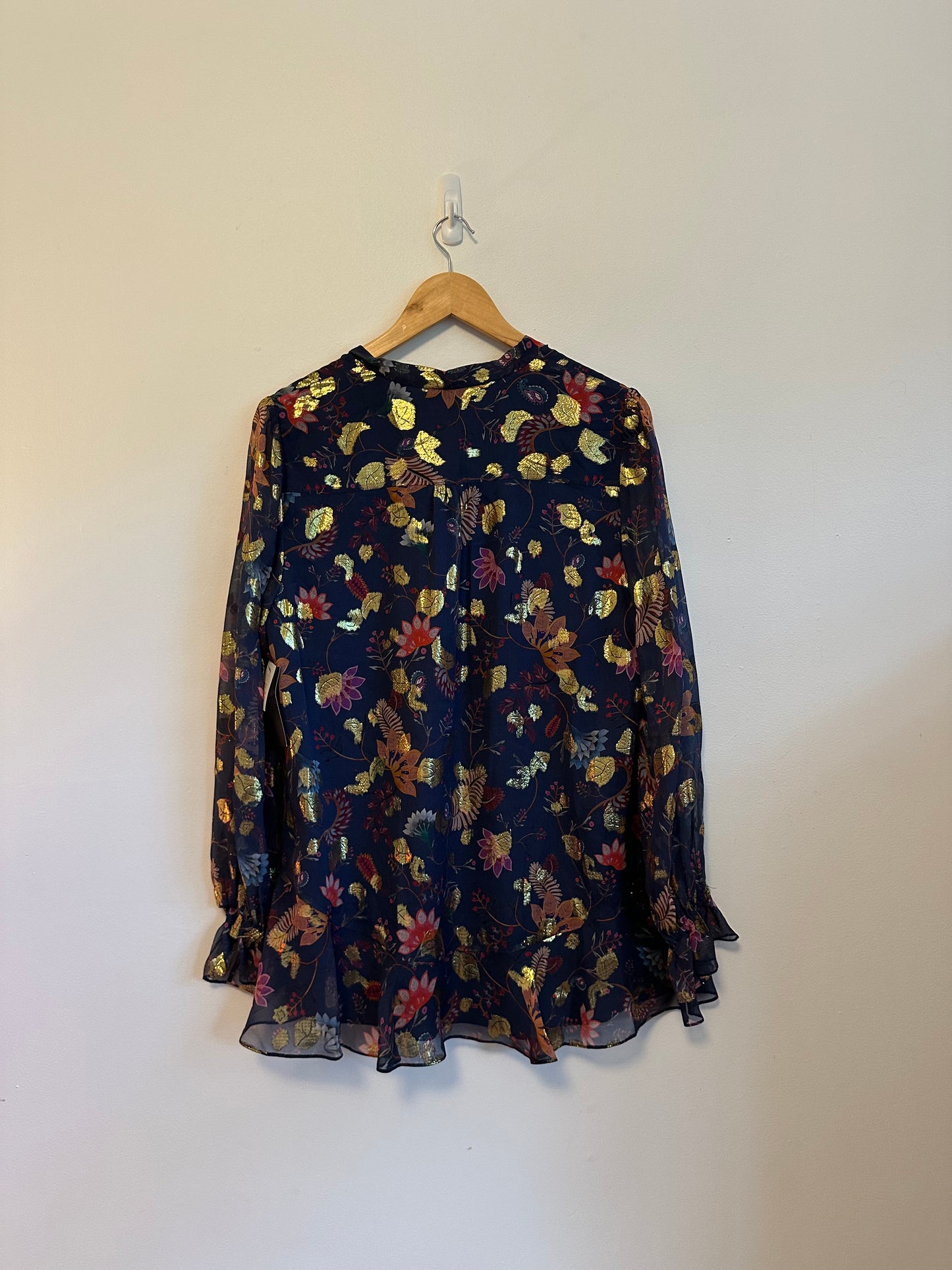NWT Rachel Zoe Navy Blue Gold Metallic Silk Floral Blouse | Size 10