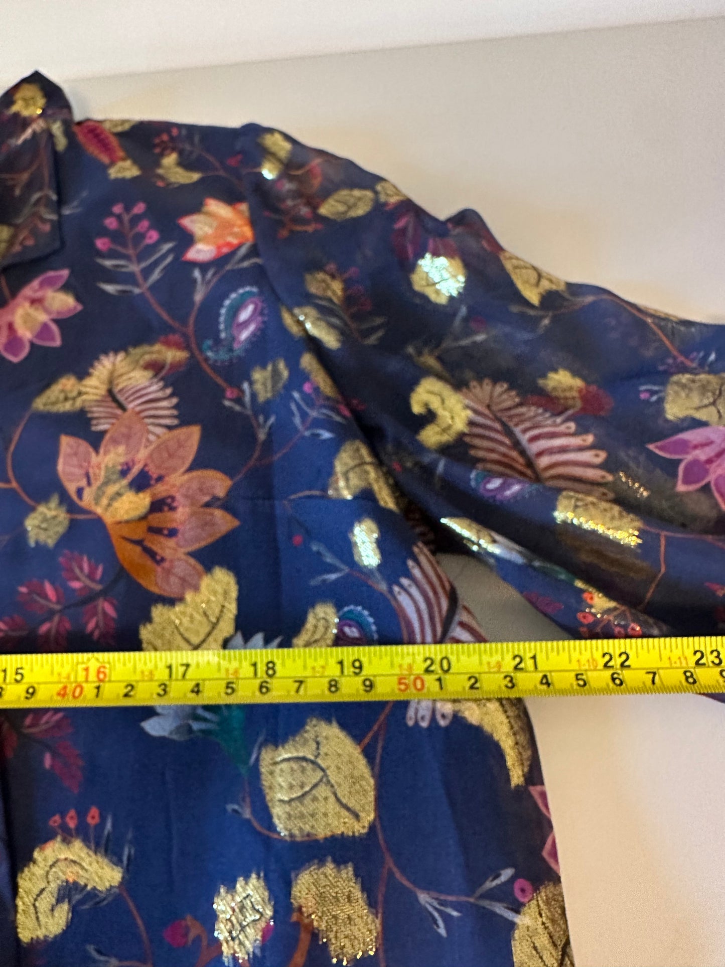 NWT Rachel Zoe Navy Blue Gold Metallic Silk Floral Blouse | Size 10