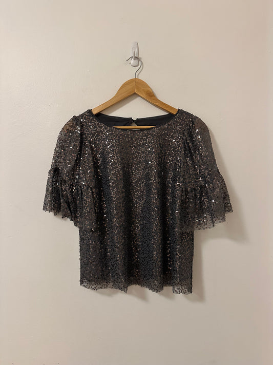 Anthropologie Maeve Sequined Flutter Sleeve Blouse in Charcoal Gray | Size Small