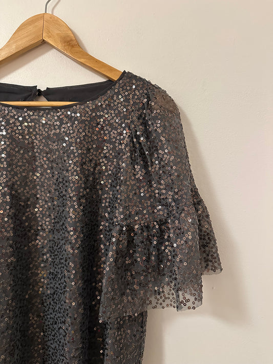 Anthropologie Maeve Sequined Flutter Sleeve Blouse in Charcoal Gray | Size Small