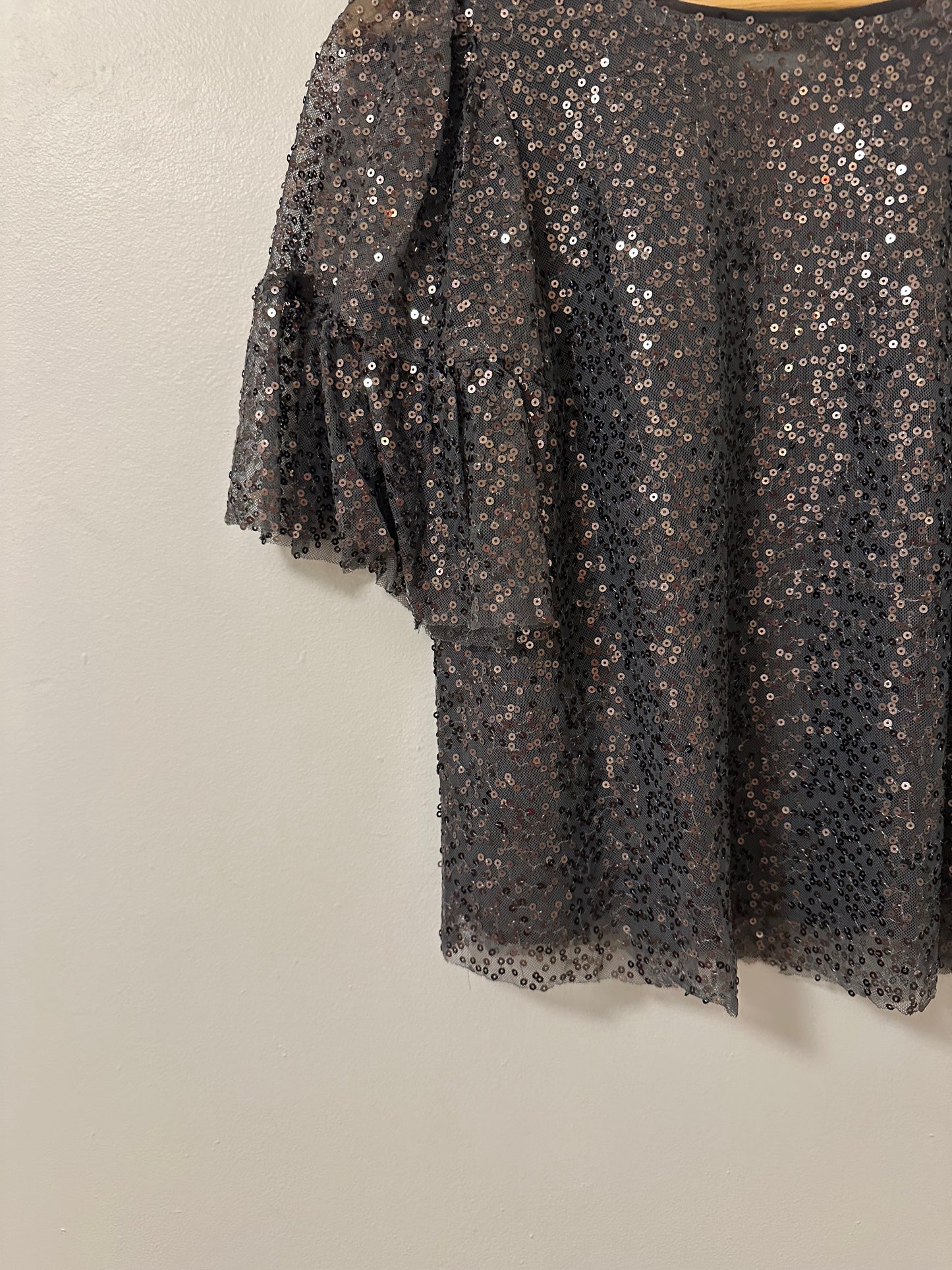 Anthropologie Maeve Sequined Flutter Sleeve Blouse in Charcoal Gray | Size Small