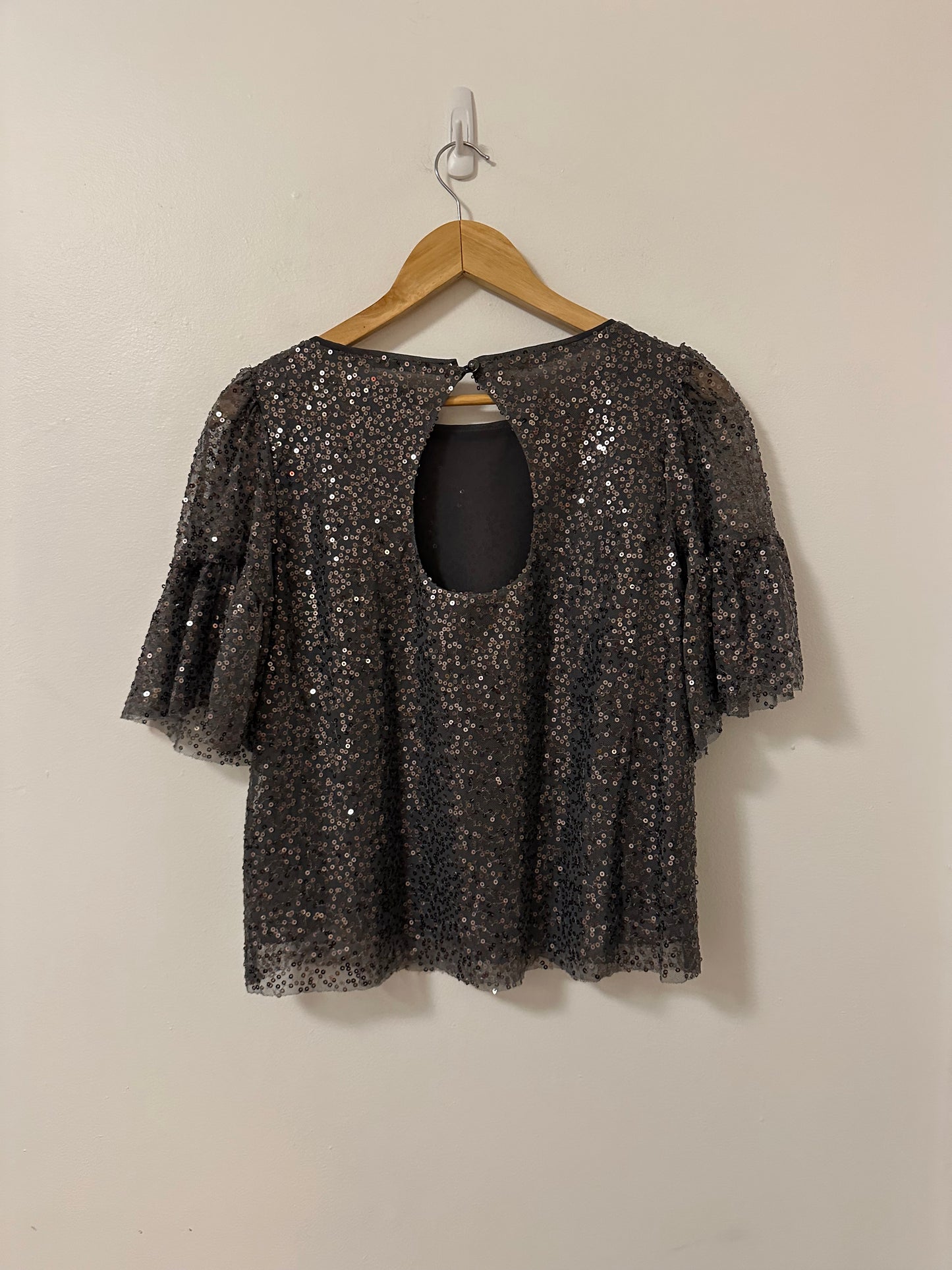 Anthropologie Maeve Sequined Flutter Sleeve Blouse in Charcoal Gray | Size Small