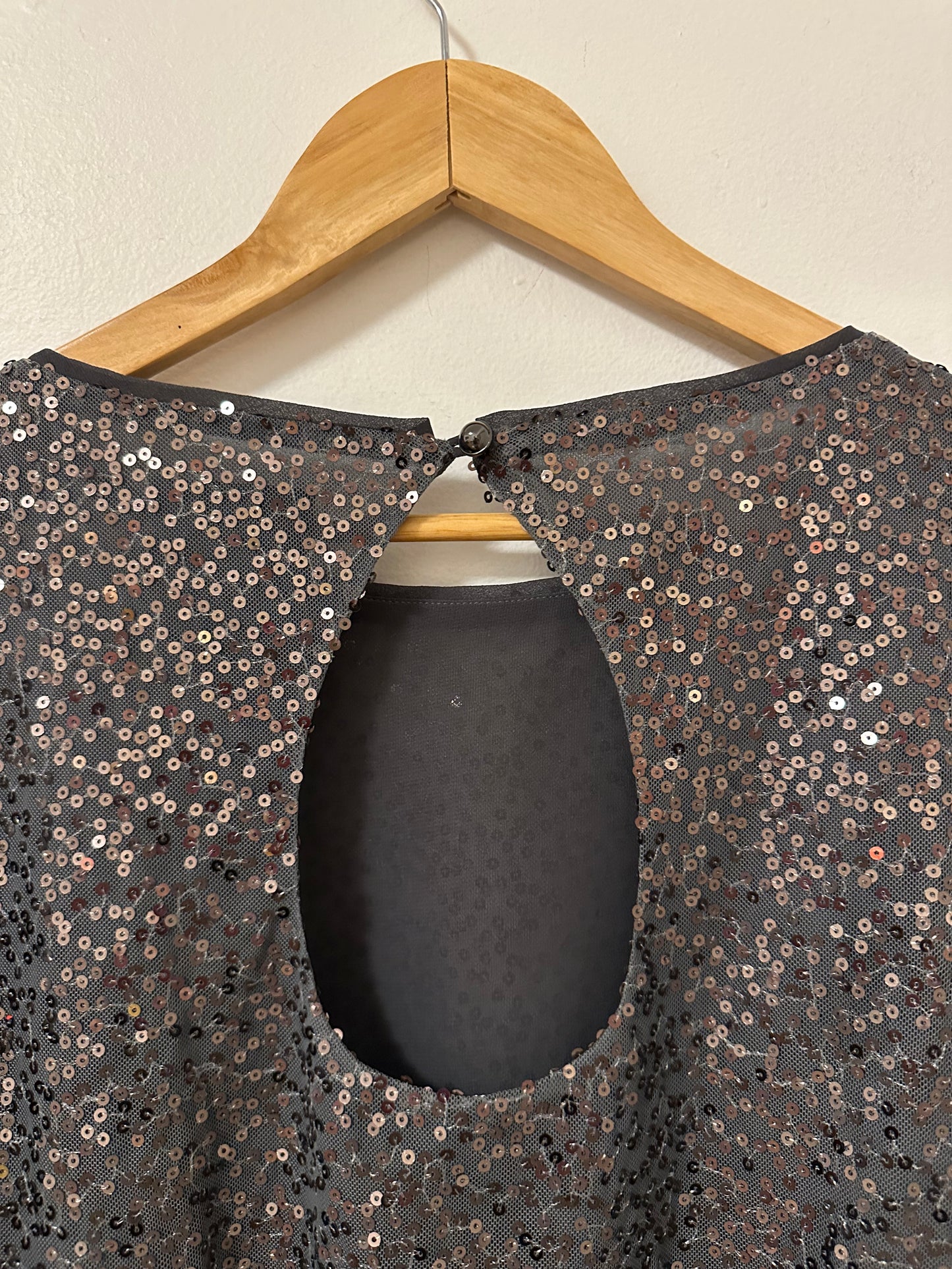 Anthropologie Maeve Sequined Flutter Sleeve Blouse in Charcoal Gray | Size Small