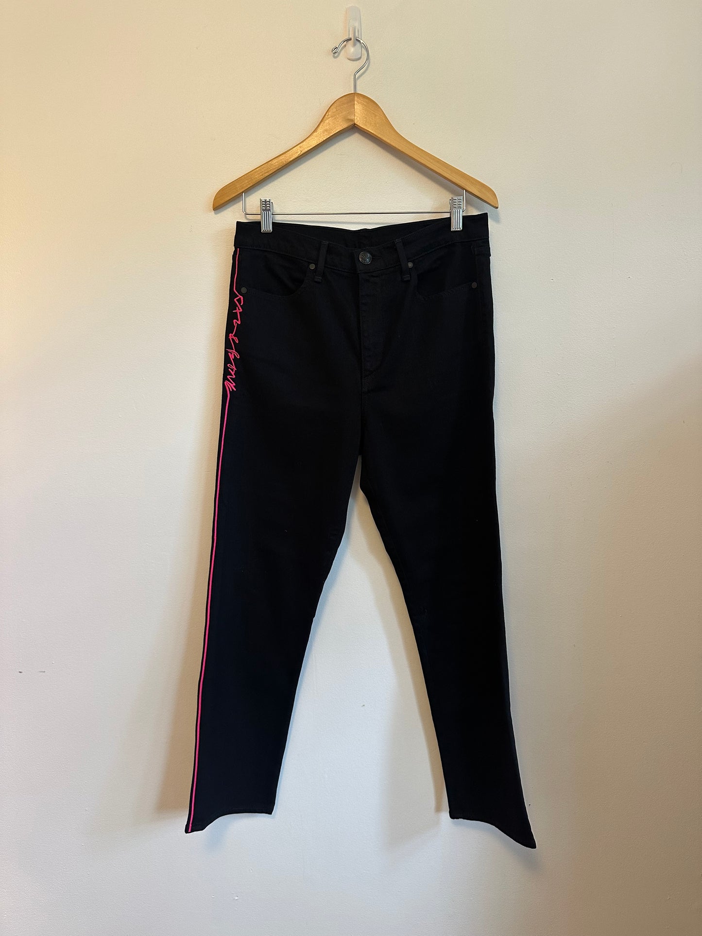 Rag & Bone Black Skinny Jeans Neon Pink Side Stripe Embroidered Size 30 USA