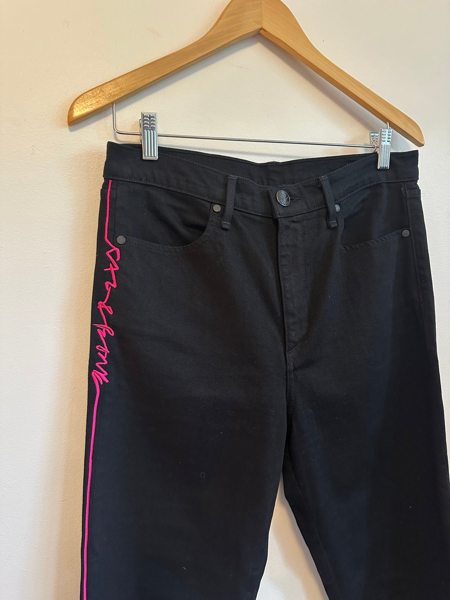 Rag & Bone Black Skinny Jeans Neon Pink Side Stripe Embroidered Size 30 USA