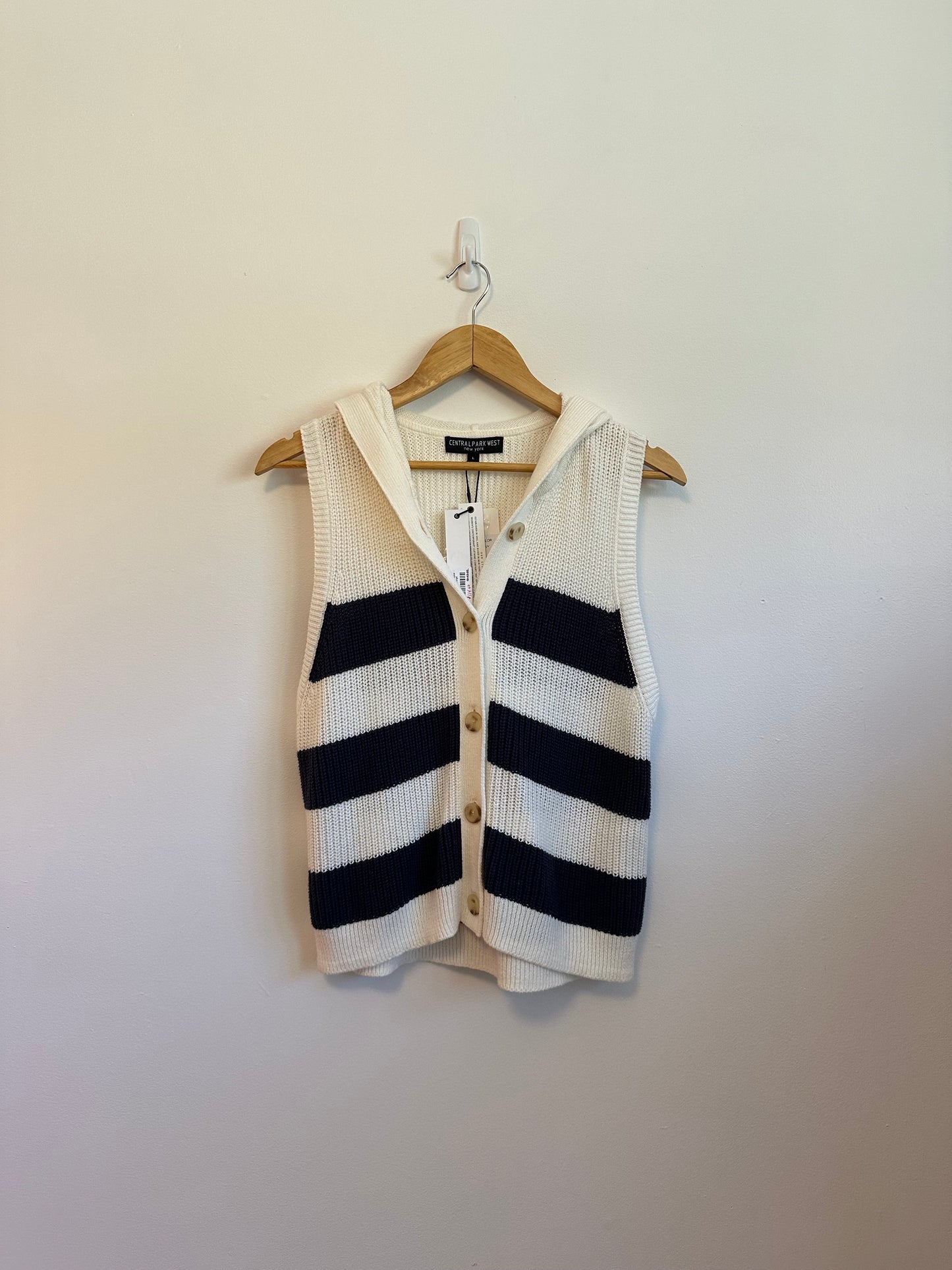Central Park West NWT Sleeveless Hooded Stripe Button Front Sweater | Size Large