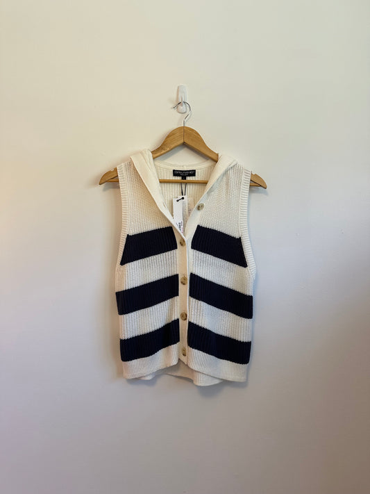 Central Park West NWT Sleeveless Hooded Stripe Button Front Sweater | Size Large