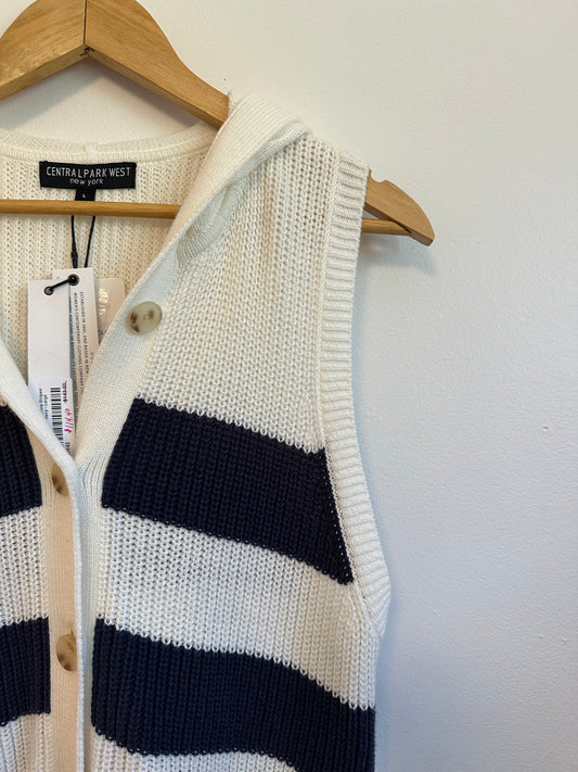 Central Park West NWT Sleeveless Hooded Stripe Button Front Sweater | Size Large