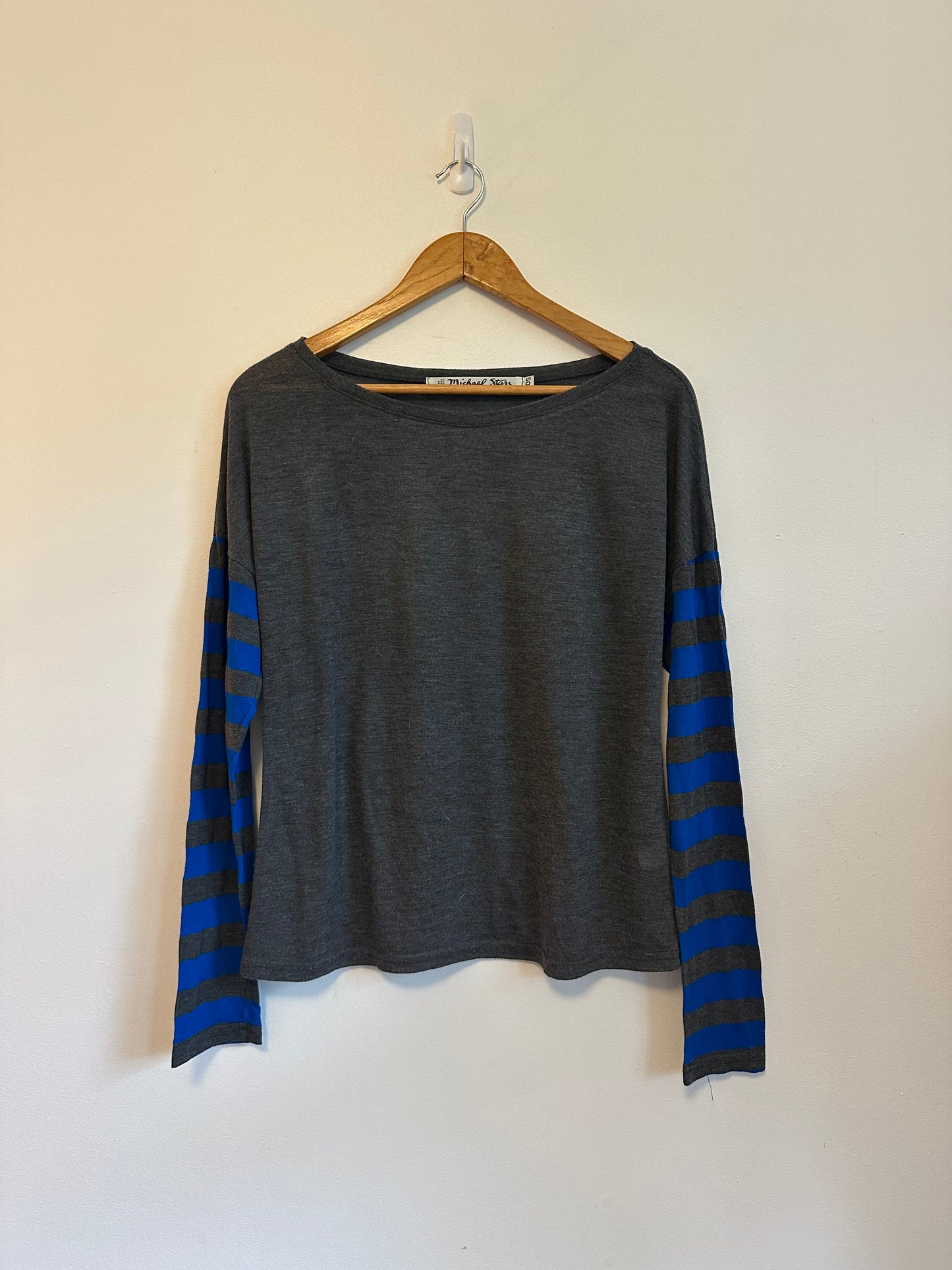 Michael Stars Grey and Blue Striped Sleeve Boat Neck Top | One Size