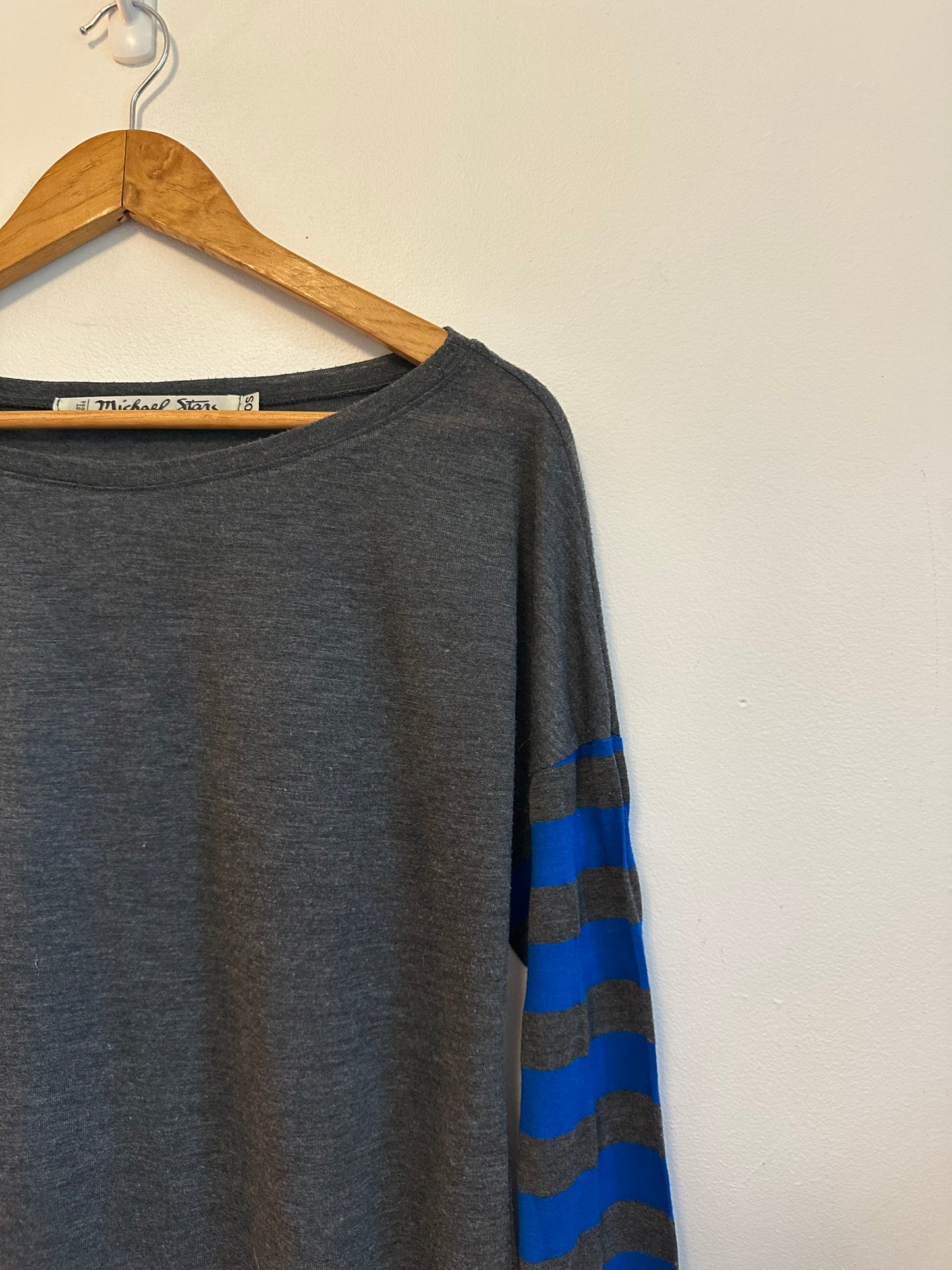Michael Stars Grey and Blue Striped Sleeve Boat Neck Top | One Size