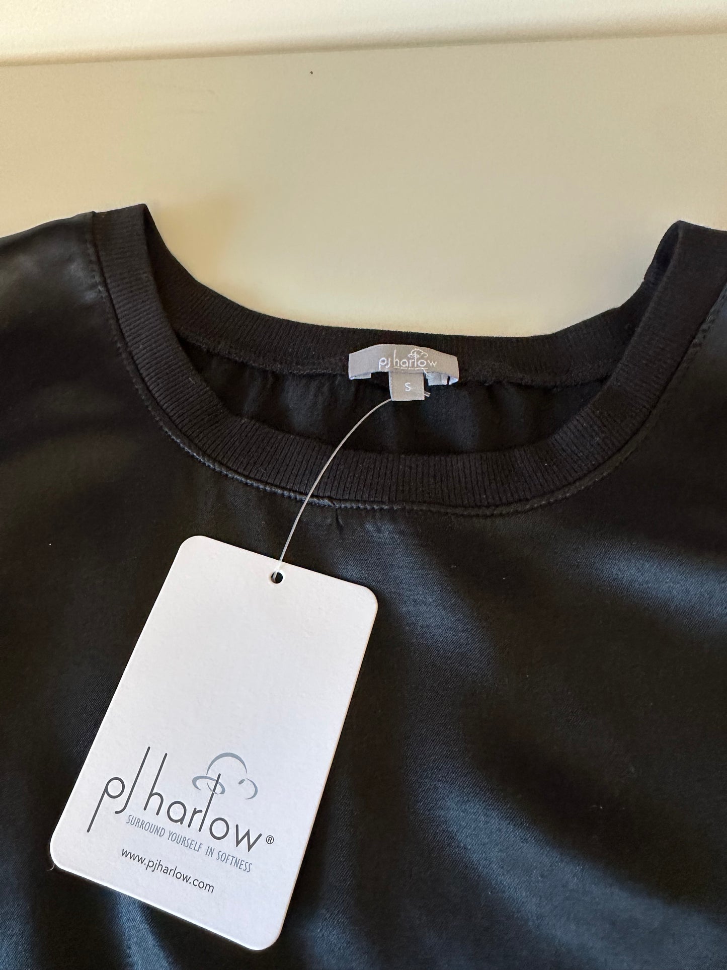 PJ Harlow NWT Black Satin Crewneck Pajama Shirt | Size Small