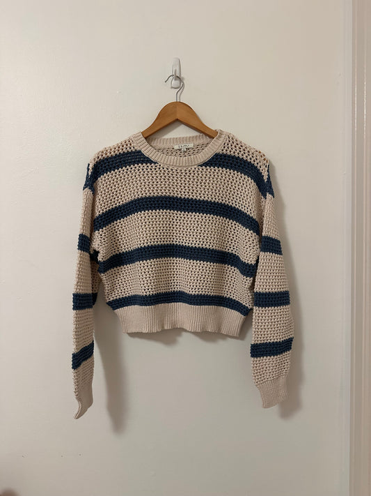 Z Supply Cotton Blend Striped Blue and Cream Cropped Sweater | Size Small