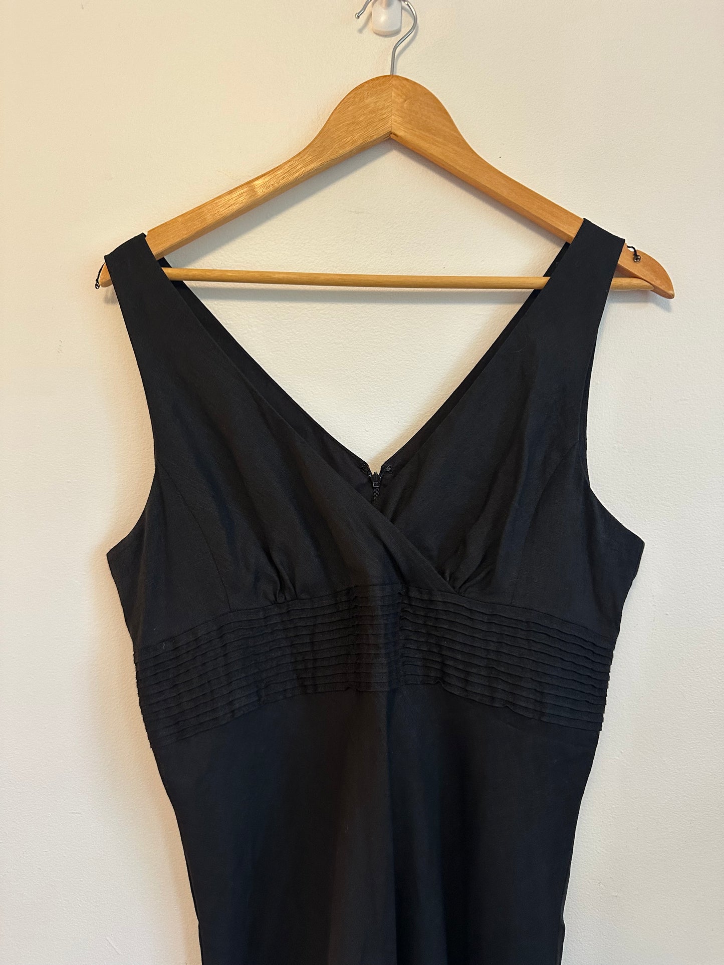 J. Crew Black Linen V-Neck Pintuck Empire Waist Dress | Size 12