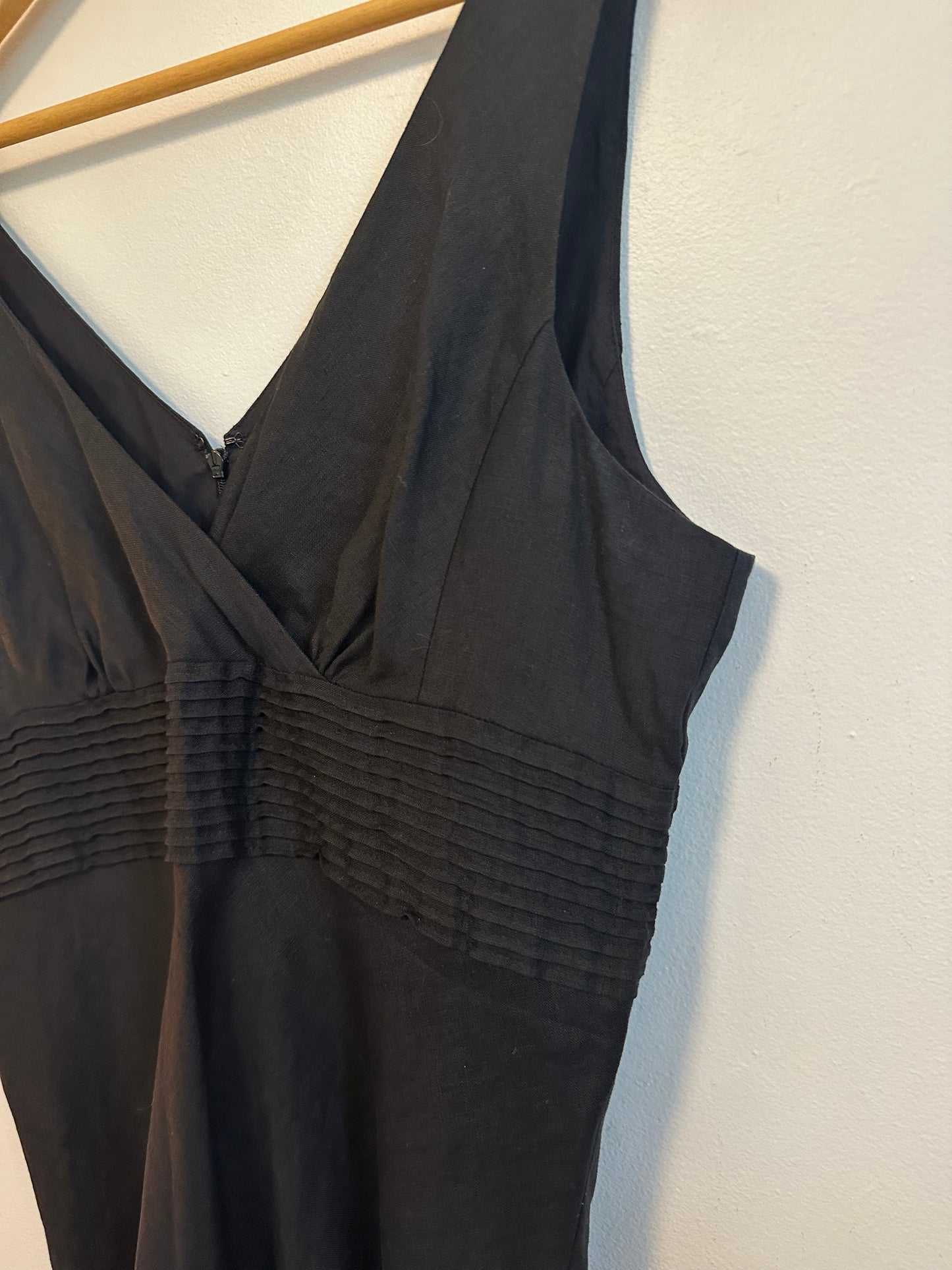J. Crew Black Linen V-Neck Pintuck Empire Waist Dress | Size 12